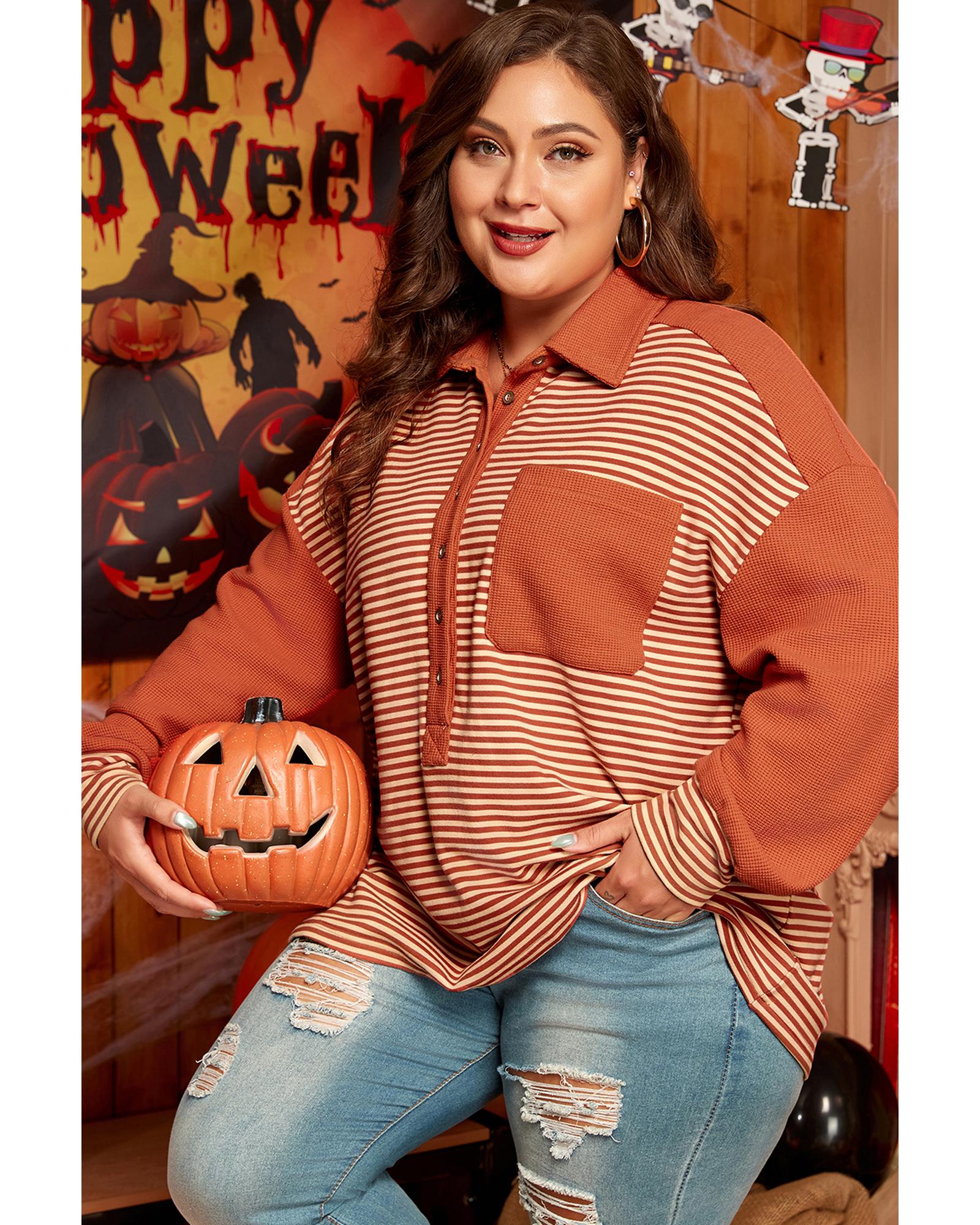 V539-AZEXPL253590-P319-4X-202508300730-00 Red Stripe Textured Patched Drop Shoulder Buttoned Plus Size Sweatshirt - 4X - Image 1