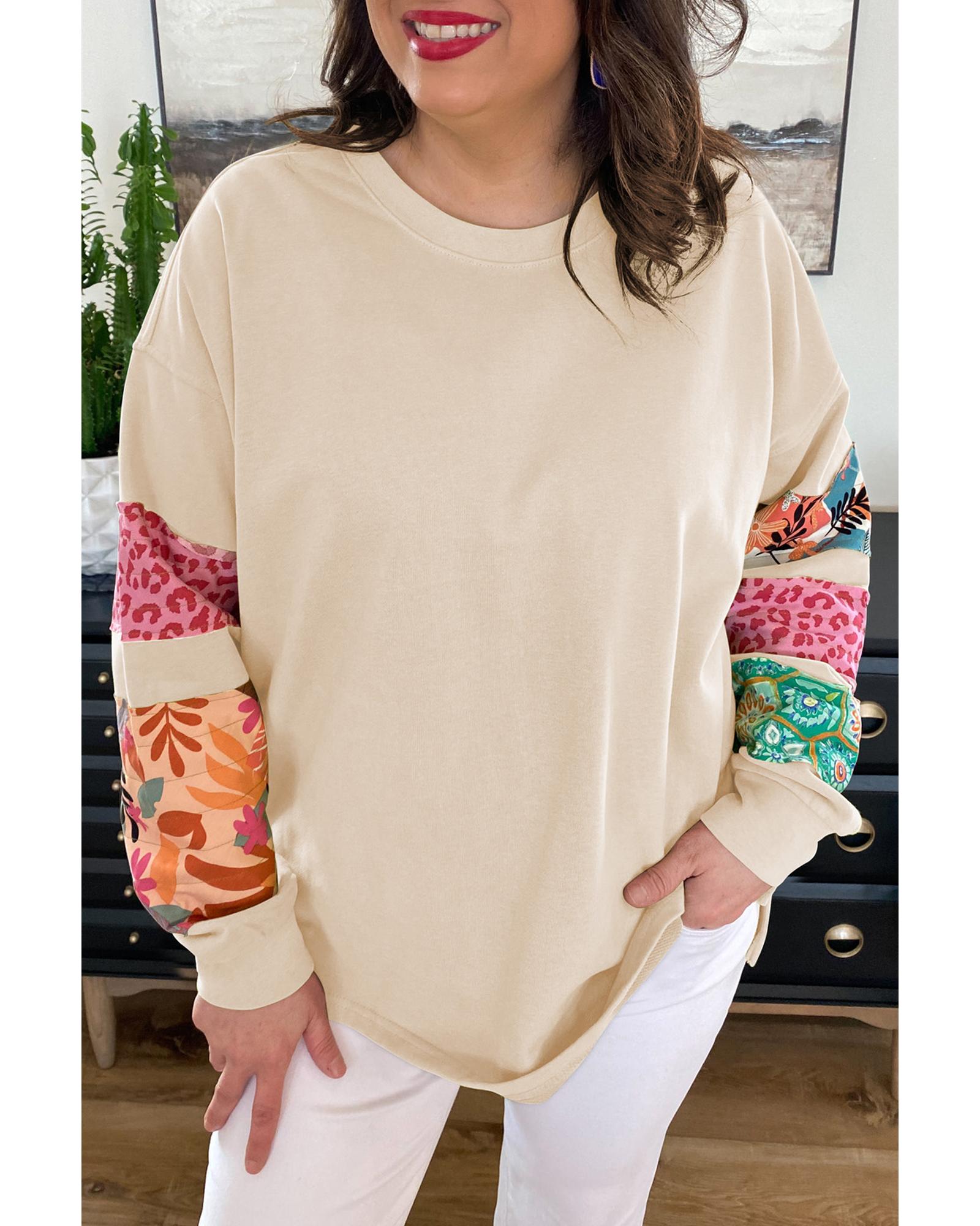 V539-AZEXPL253596-P15-1X-202506151747-00 Beige Plus Size Printed Patchwork Sleeve Split Sweatshirt - 1X - Image 1