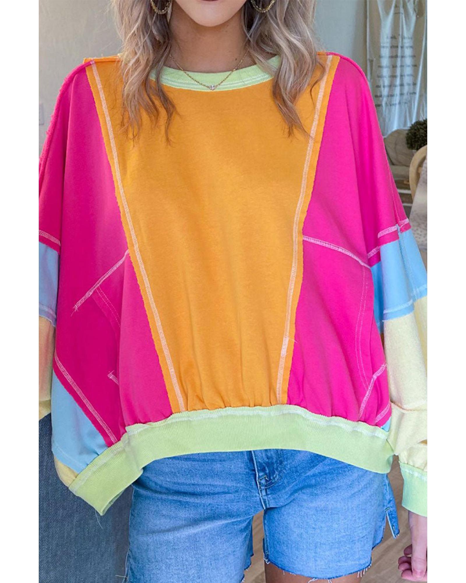 V539-AZEXPL253609-P622-2X-202508301135-00 Rose Red Plus Size Colorblock Patchwork Exposed Seam Sweatshirt - 2X - Image 1