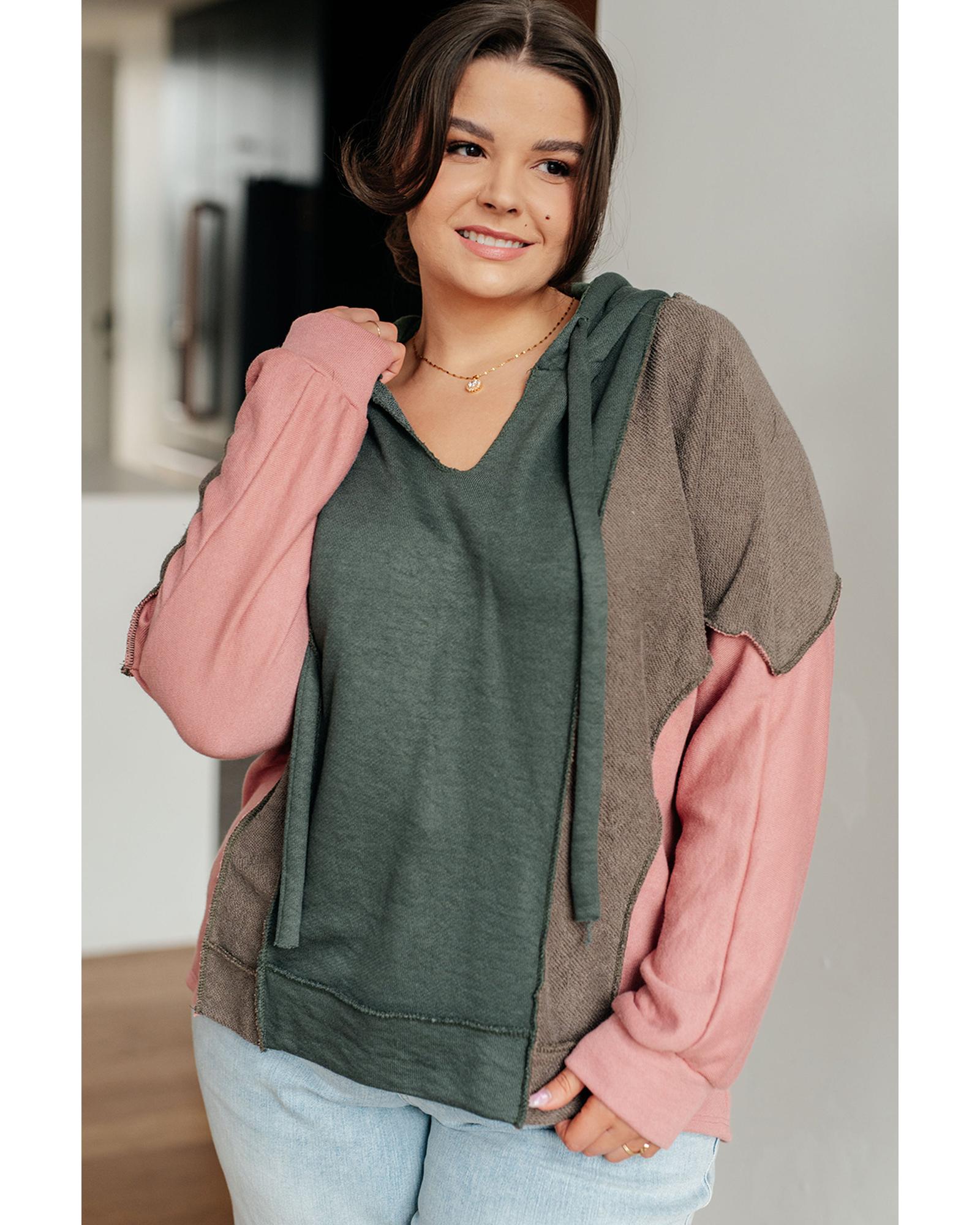 V539-AZEXPL253619-P1517-1X-202506151822-00 Breen Plus Size Colorblock Patchwork V Neck Hoodie - 1X - Image 1