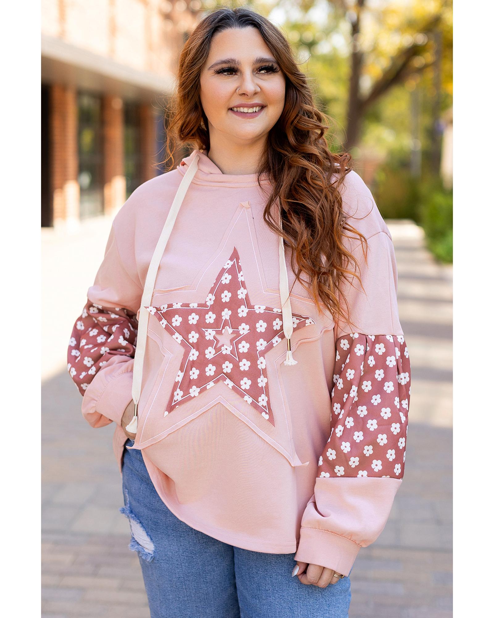 V539-AZEXPL253678-P1210-1X-202506151827-00 Delicacy Star Patch Graphic Floral Color Block Drawstring Plus Size Hoodie - 1X - Image 1