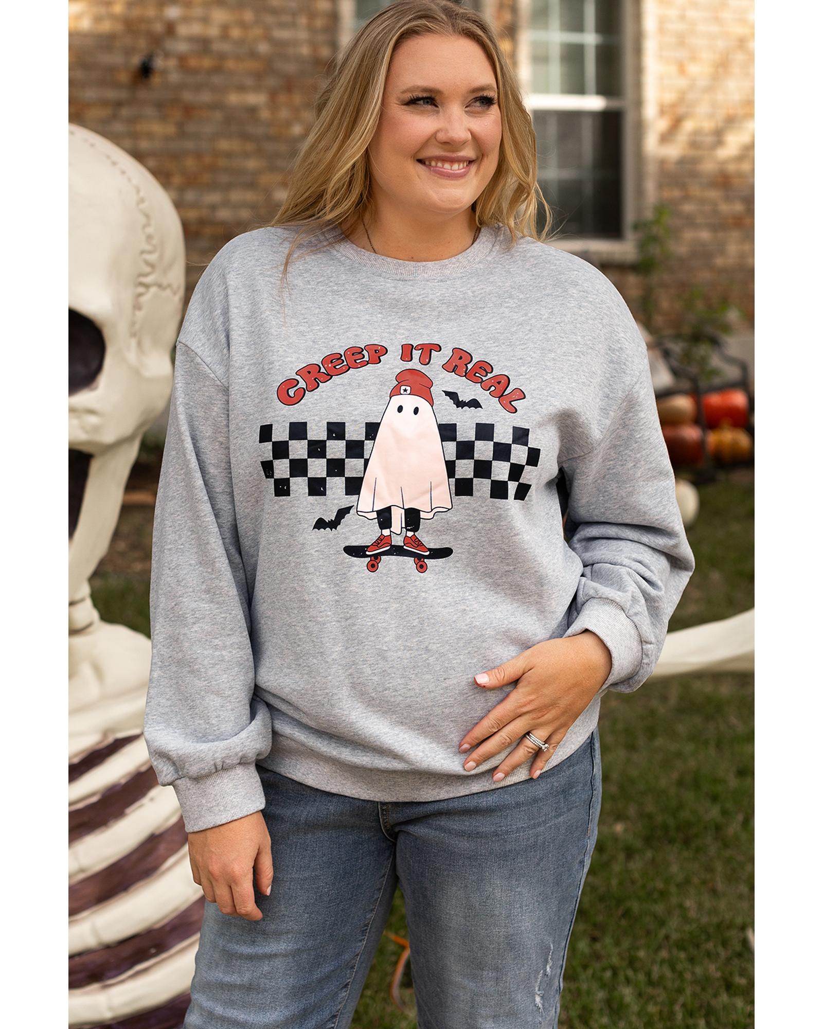 V539-AZEXPL253700-P1011-4X-202508301610-00 Light Grey Creep It Real Ghost Print Plus Size Sweatshirt - 4X - Image 1