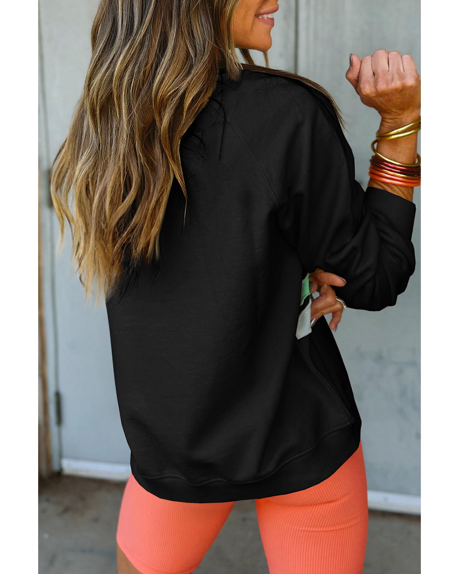 V539-AZEXPL253795-P2-1X-202506151837-00 Black Rainbow Raglan Sleeve Crew Neck Plus Size Sweatshirt - 1X - Image 1