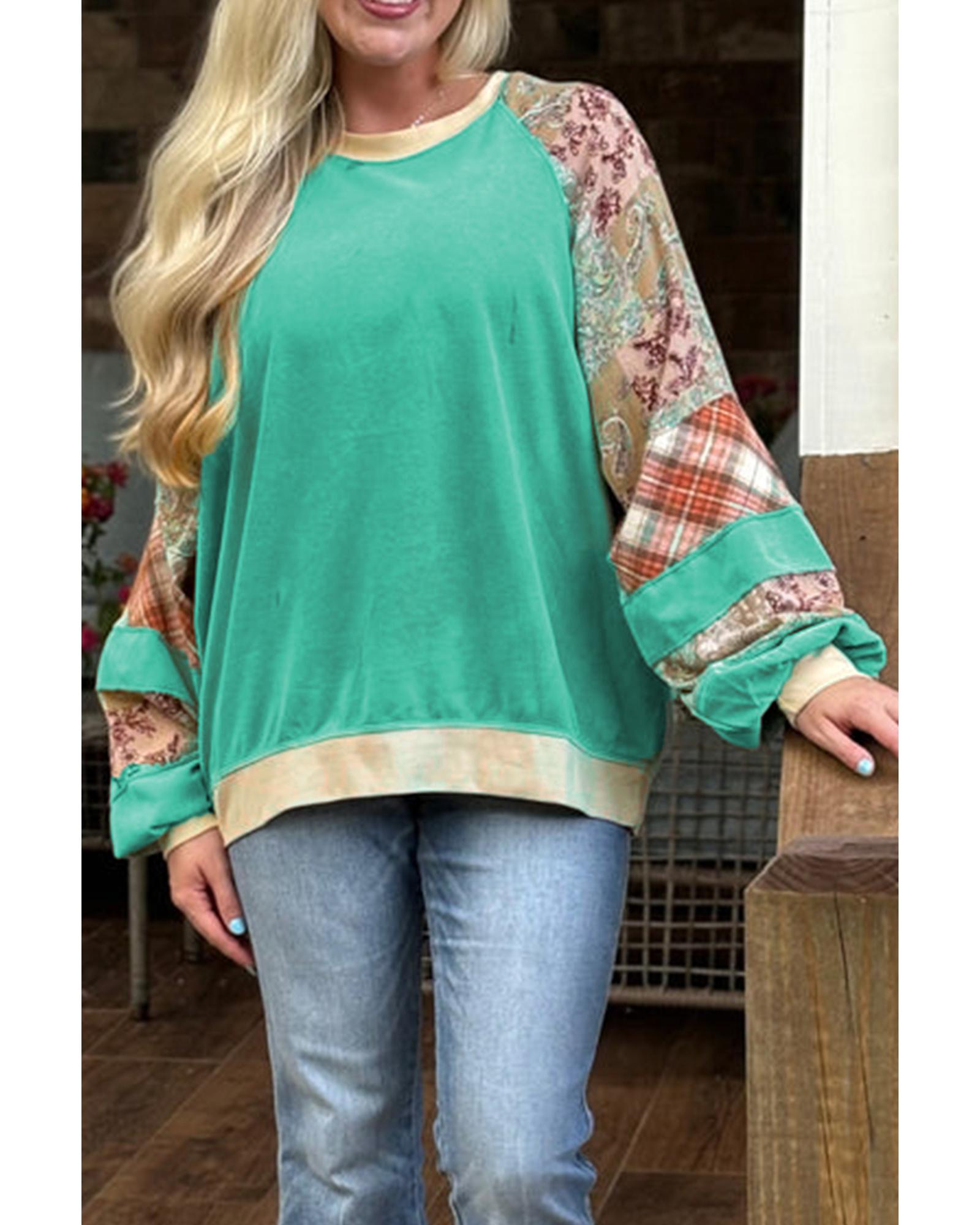 V539-AZEXPL253803-P420-3X-202508301900-00 Sky Blue Plus Size Plaid Floral Patchwork Raglan Sleeve Sweatshirt - 3X - Image 1