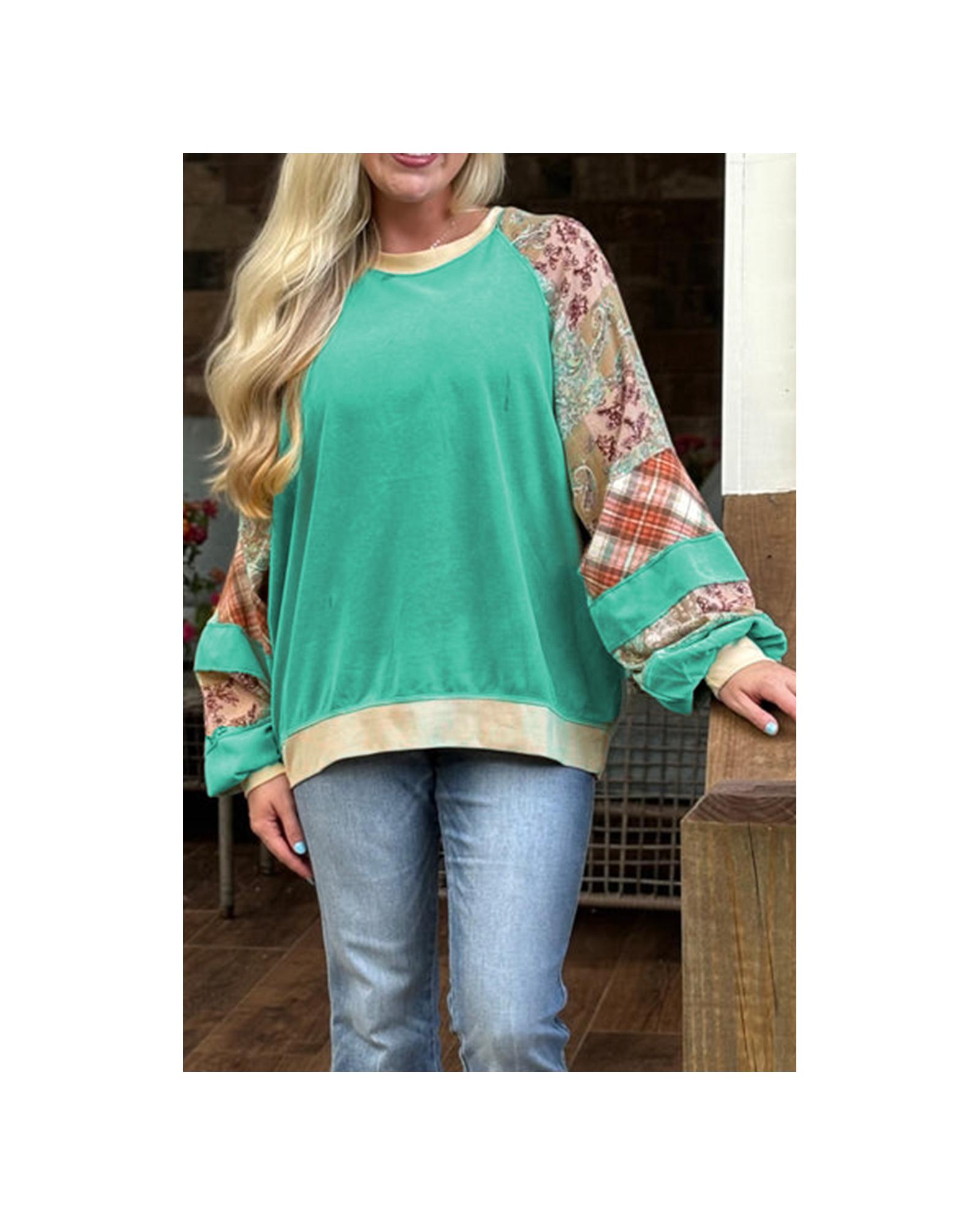 V539-AZEXPL253803-P420-4X-202508301910-00 Sky Blue Plus Size Plaid Floral Patchwork Raglan Sleeve Sweatshirt - 4X - Image 1
