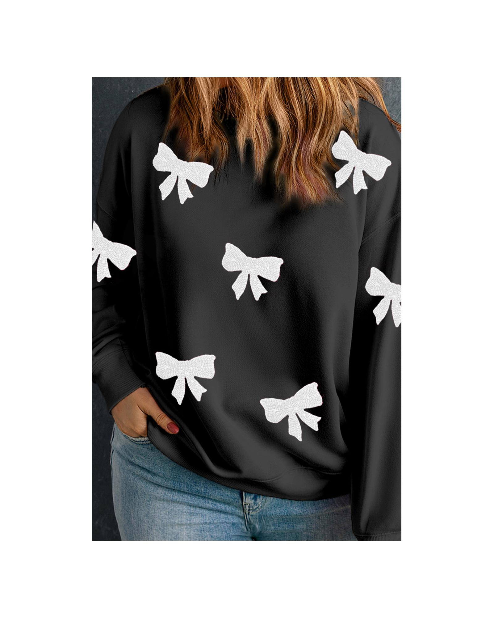 V539-AZEXPL253895-P2-1X-202506151926-00 Black Bow Pattern Drop Shoulder Plus Size Sweatshirt - 1X - Image 1
