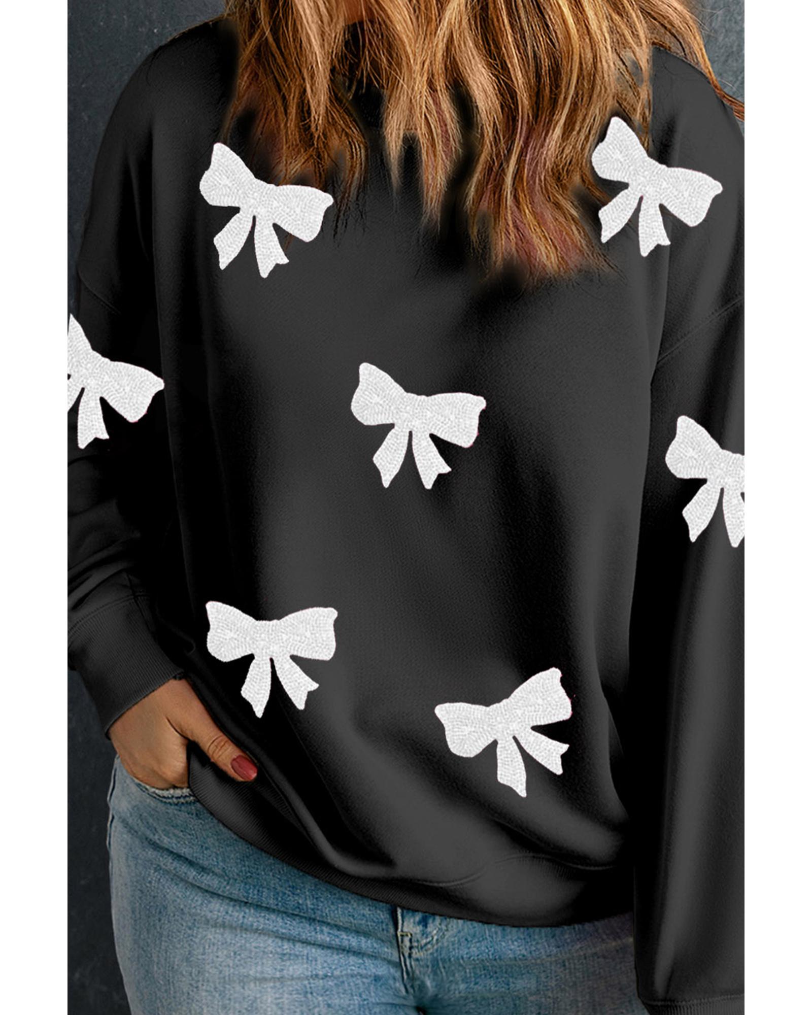 V539-AZEXPL253895-P2-3X-202508300830-00 Black Bow Pattern Drop Shoulder Plus Size Sweatshirt - 3X - Image 1