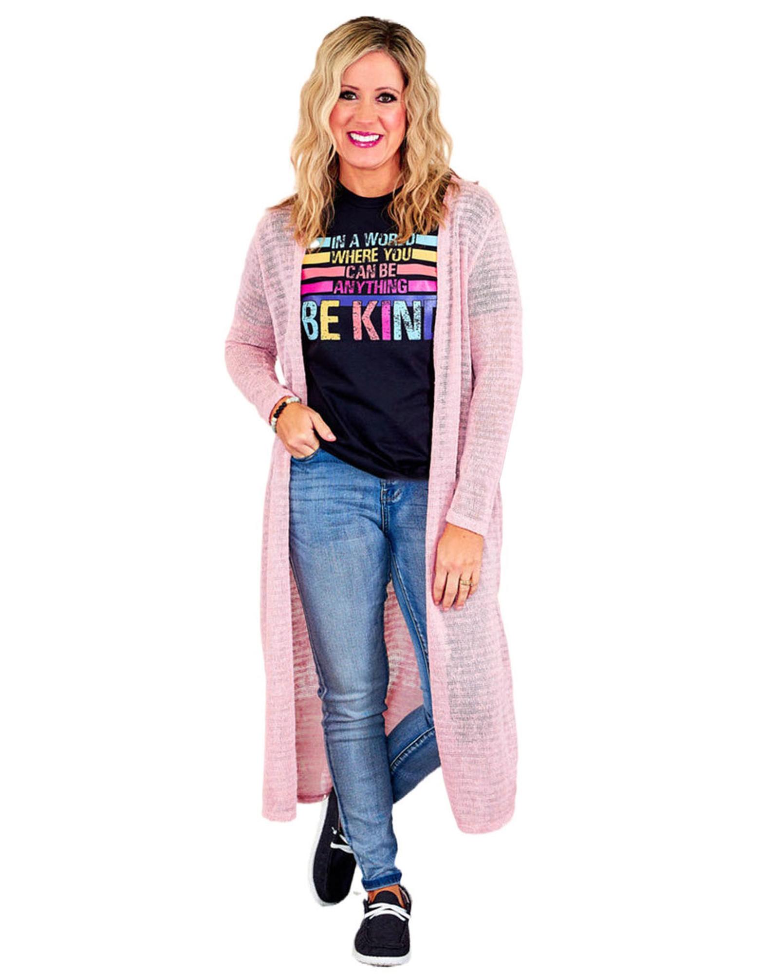 V539-AZEXPL254124-10-1X-202506151932-00 Azura Exchange Pink Sheer Knitted Long Side Slit Plus Size Cardigan - 1X - Image 1
