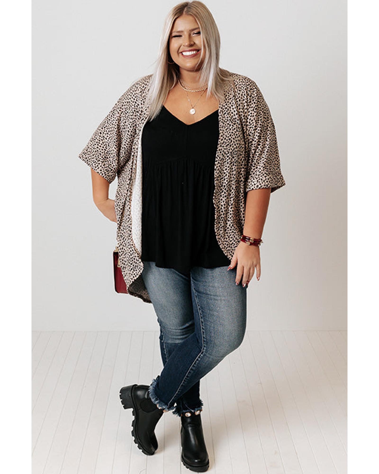 V539-AZEXPL254203-P1620-1X-202506151945-00 Khaki Plus Size Leopard Print Half Sleeve Open Front Cardigan - 1X - Image 1