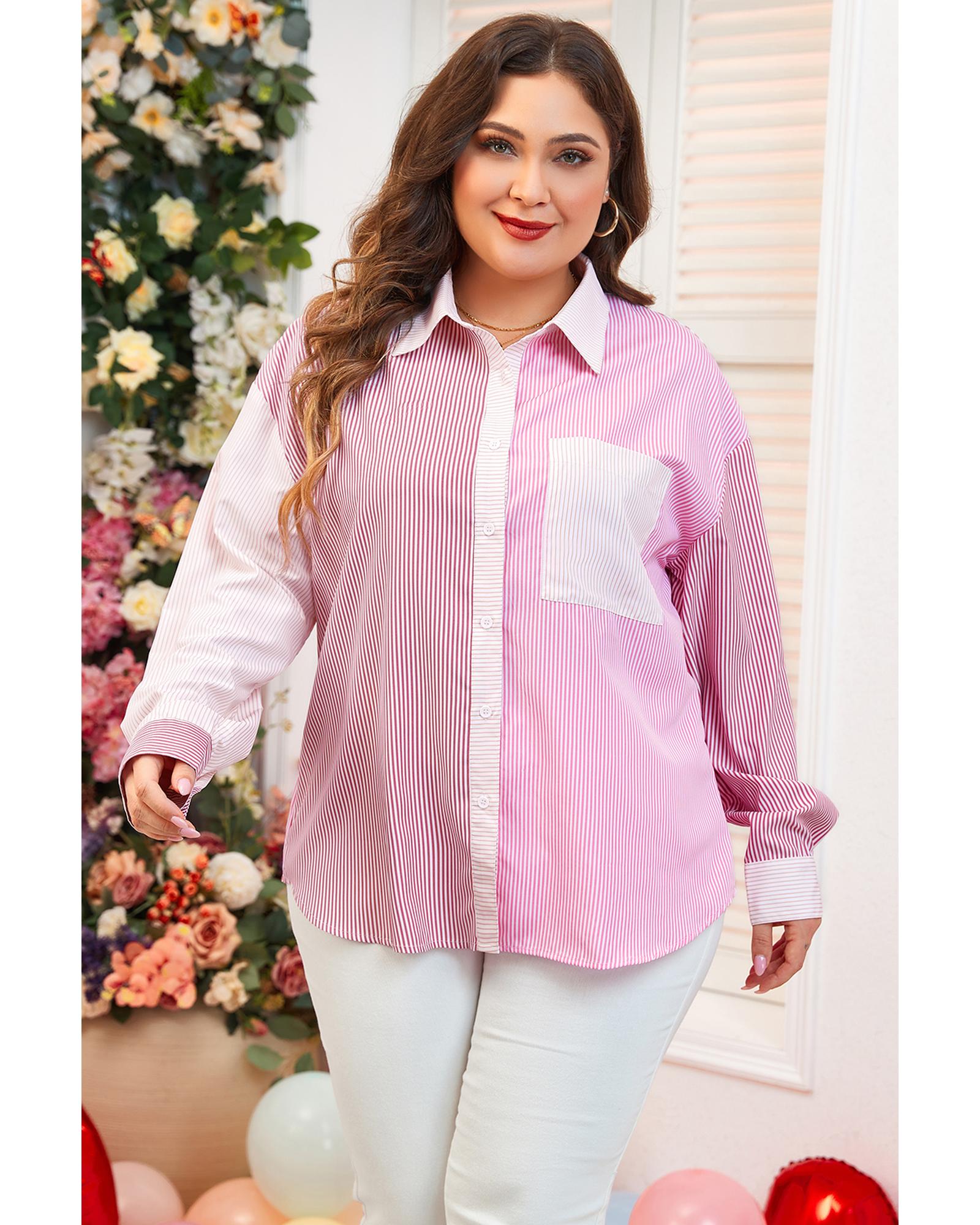 V539-AZEXPL255320-P1019-4X-202508302045-00 Pink Stripe Print Colorblock Plus Size Shirt - 4X - Image 1