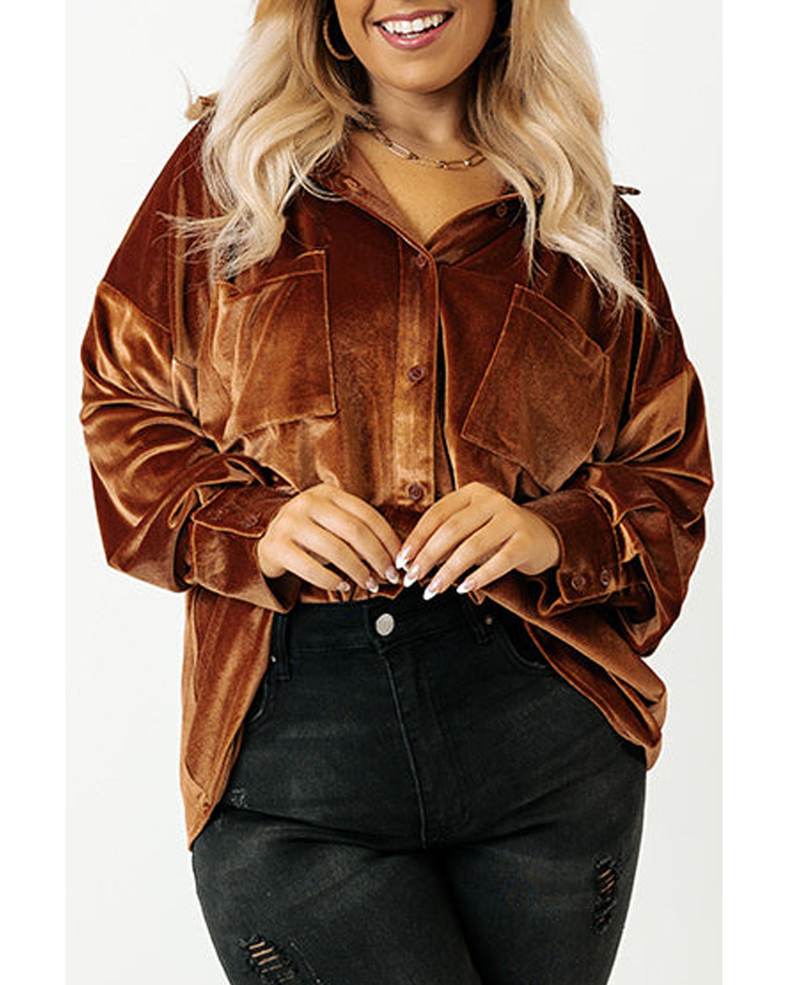 V539-AZEXPL255321-P2017-2X-202508302155-00 Chestnut Plus Size Velvet Chest Pocket Drop Shoulder Shirt - 2X - Image 1