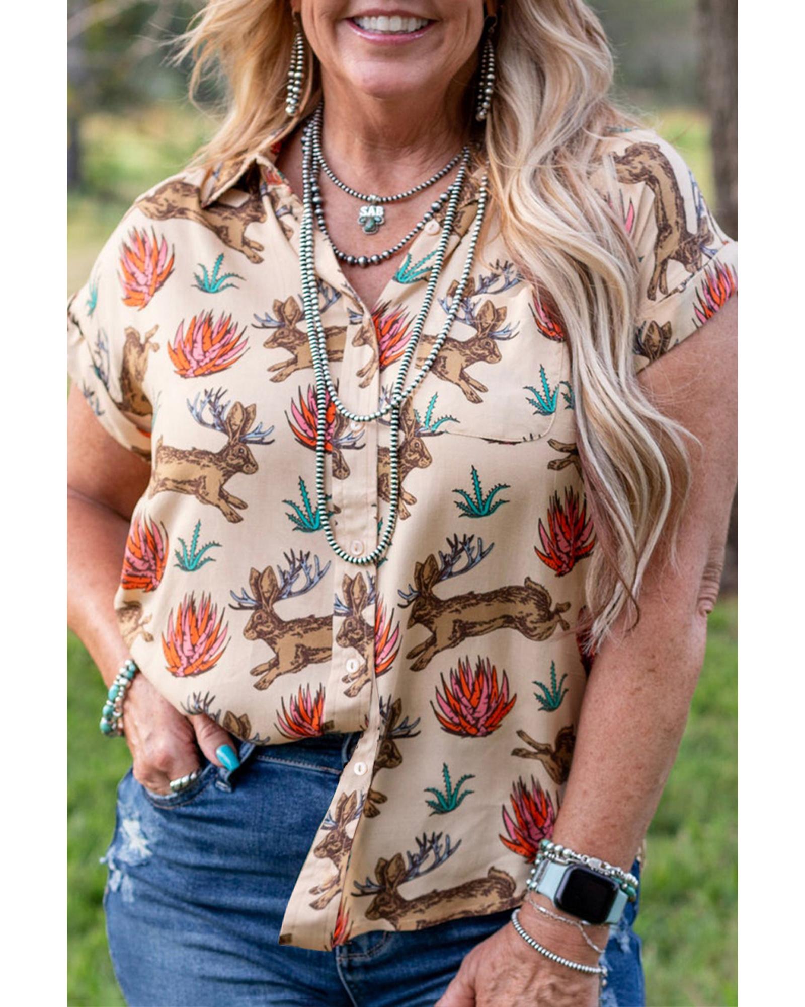 V539-AZEXPL255433-P1620-4X-202508302300-00 Khaki Plus Size Western Pattern Print Buttoned Short Sleeve Shirt - 4X - Image 1