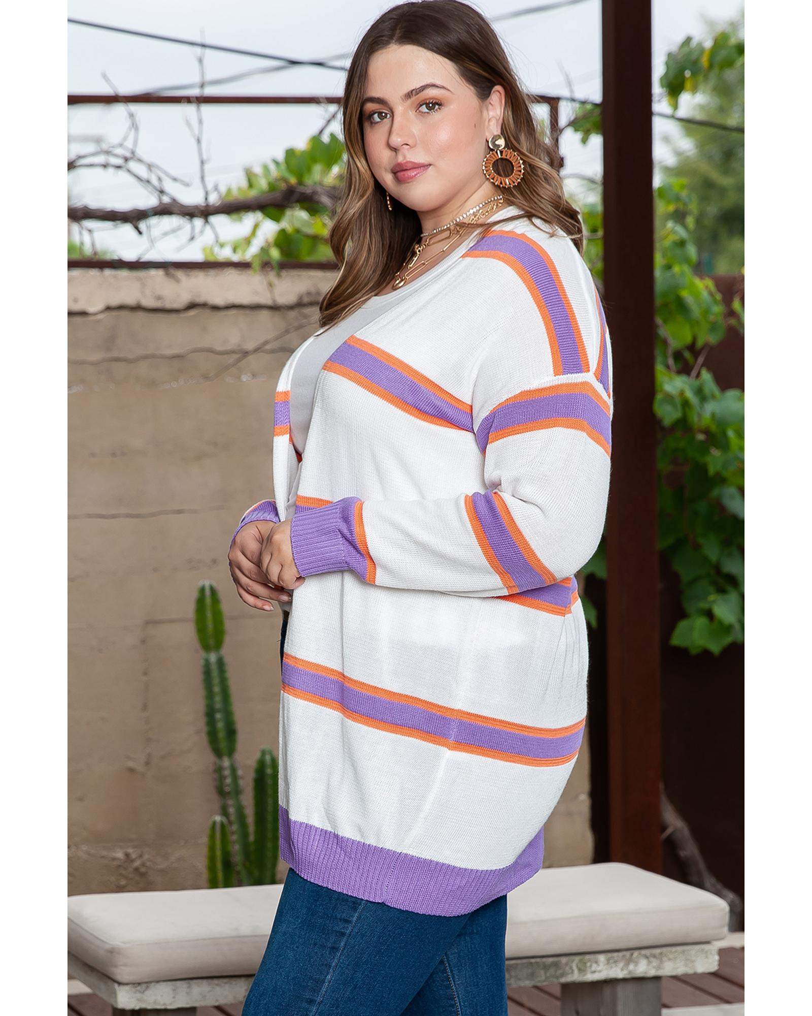 V539-AZEXPL271055-P15-1X-202506151726-00 Beige Plus Size Striped Dropped Shoulder Sweater Cardigan - 1X - Image 1