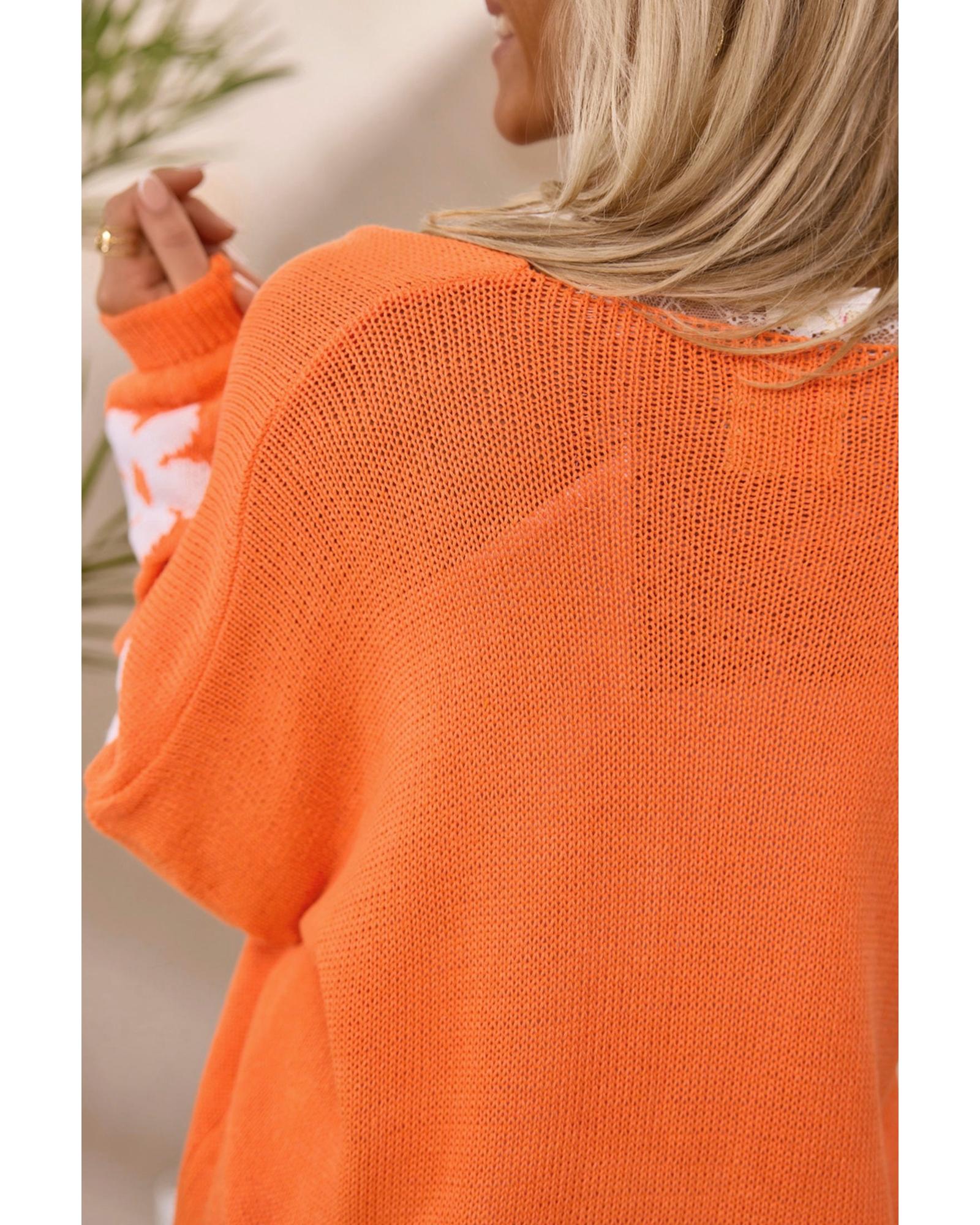 V539-AZEXPL2711718-P14-2X-202508310115-00 Orange Flower Pattern Drop Shoulder Plus Size Cardigan - 2X - Image 1