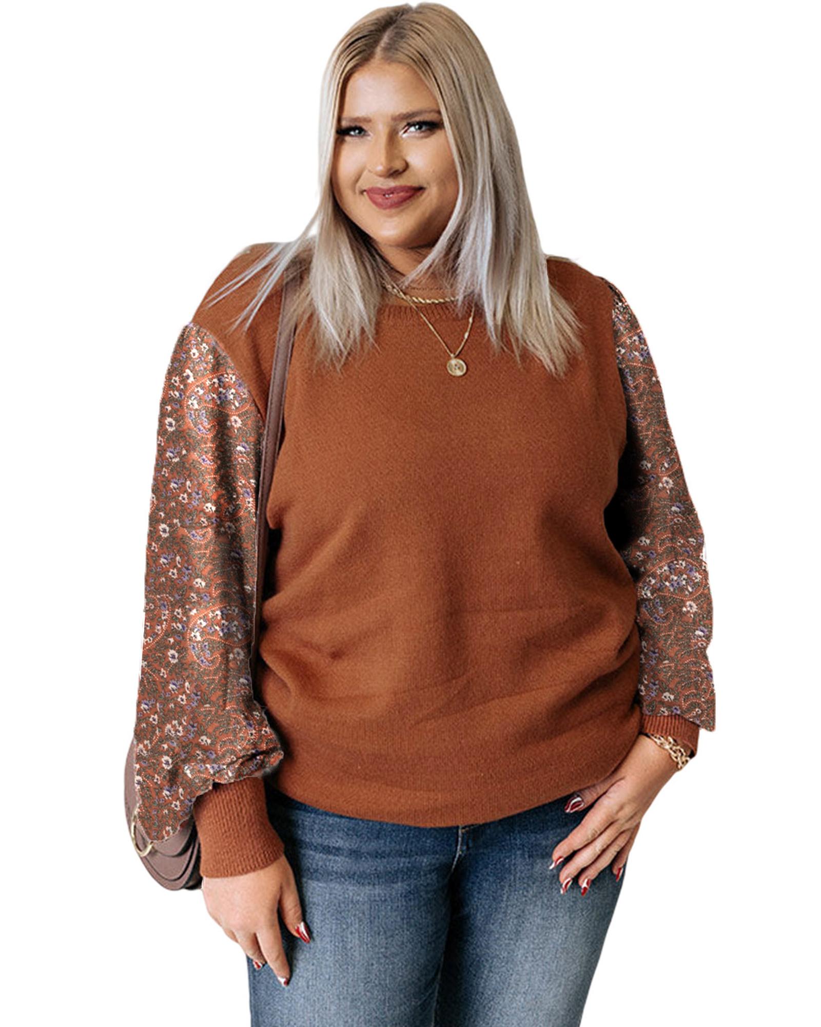 V539-AZEXPL272116-17-3X-202508300945-00 Brown Plus Size Printed Splicing Sleeve Ribbed Trim Sweater - 3X - Image 1