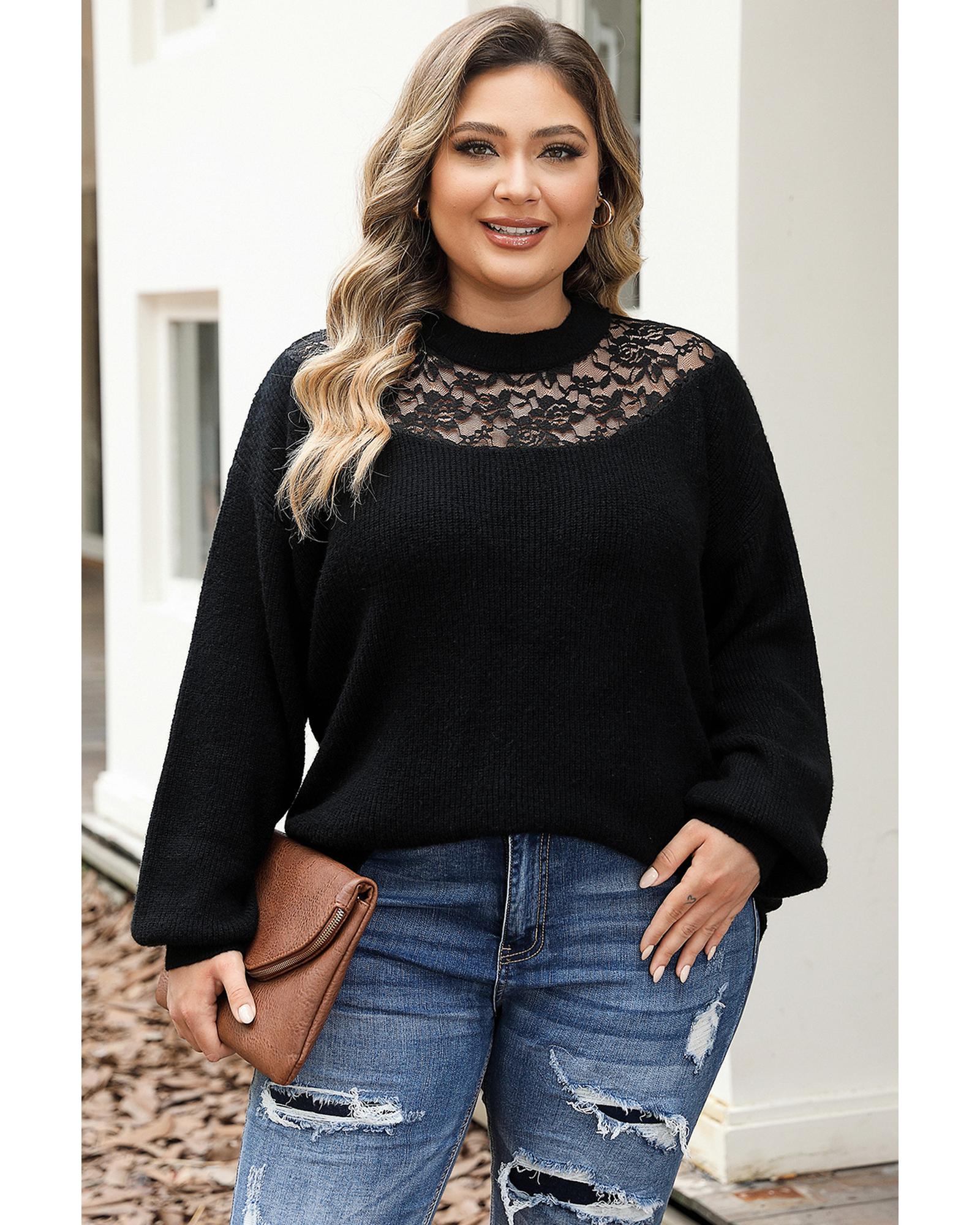 V539-AZEXPL272120-2-1X-202506151812-00 Black Plus Size Ribbed Knit Lace Splicing High Neck Sweater - 1X - Image 1