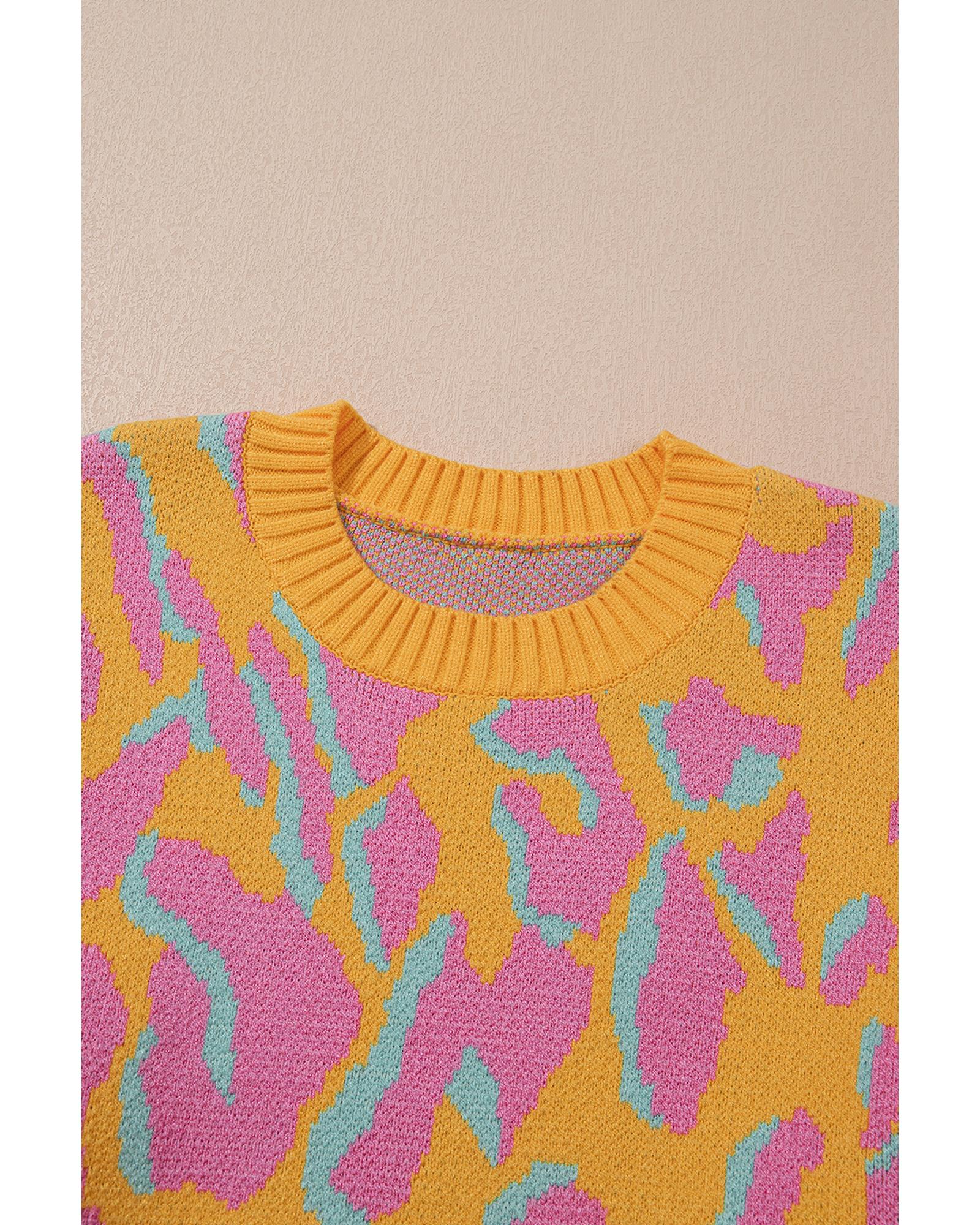 V539-AZEXPL272187-P106-2X-202508301350-00 Bright Pink Plus Size Leopard Ribbed Trim Sweater - 2X - Image 1