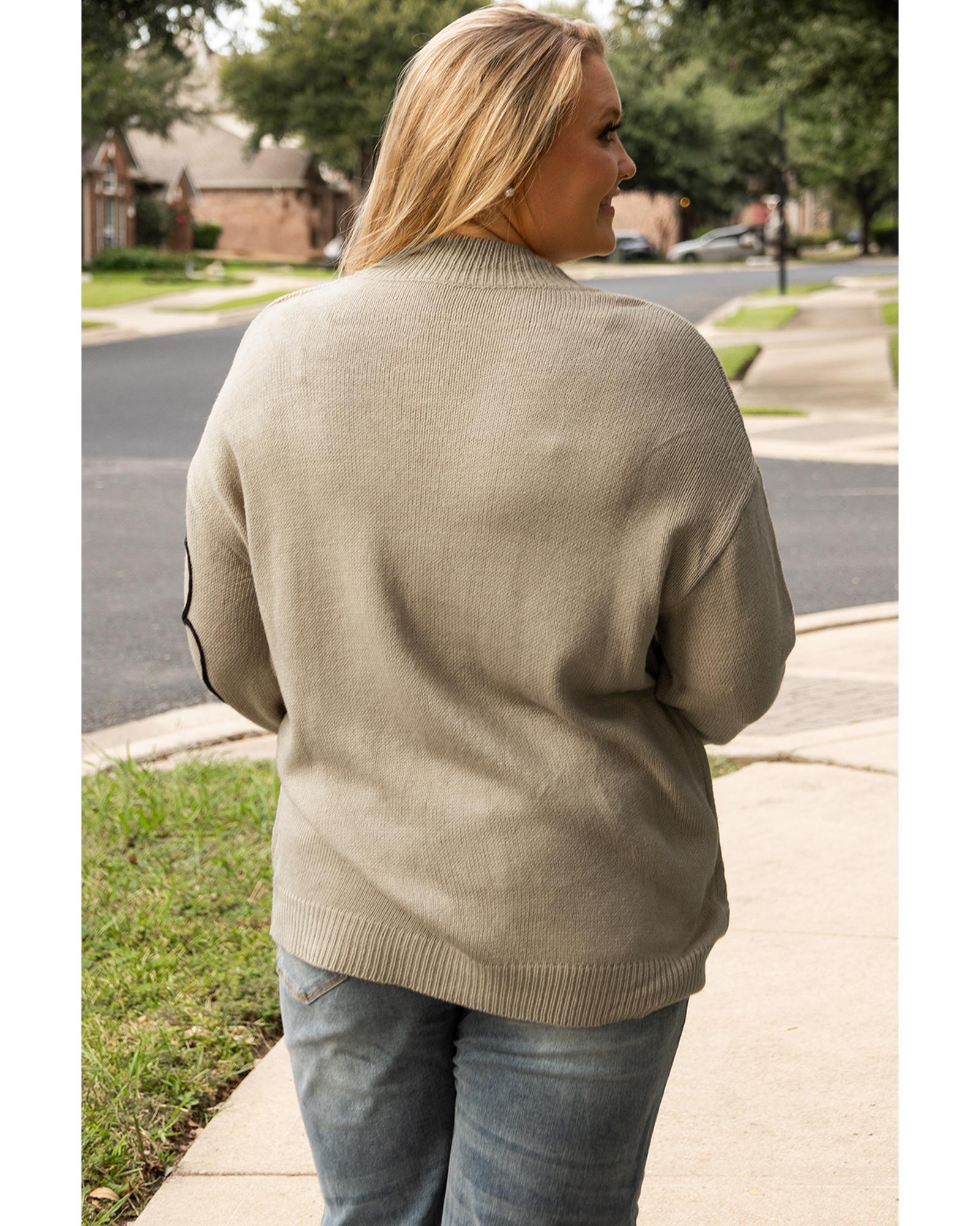 V539-AZEXPL272316-P1117-1X-202506151835-00 Dark Khaki Plus Size Big Flower Pattern High Neck Drop Shoulder Sweater - 1X - Image 1