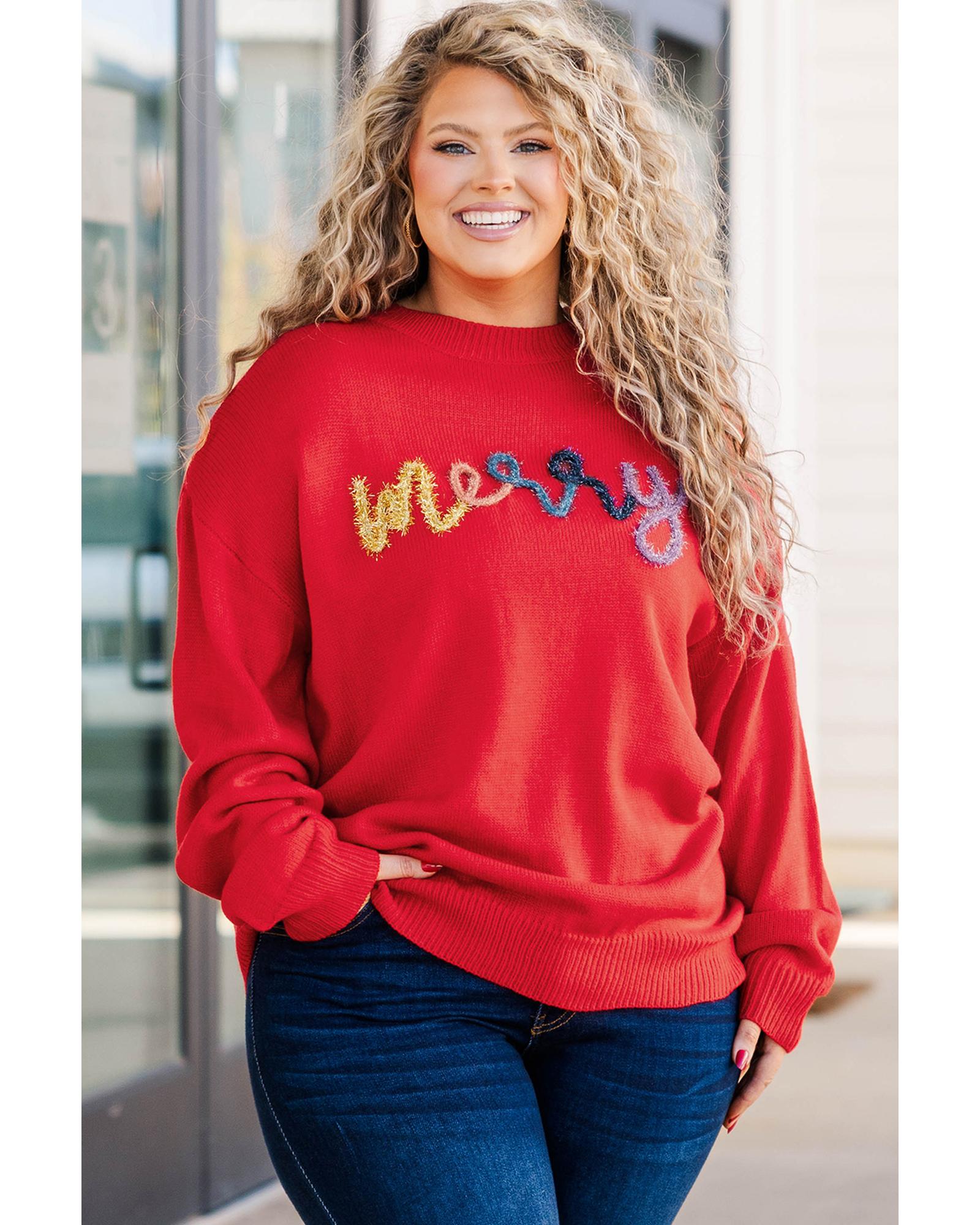 V539-AZEXPL272324-P3-3X-202508301710-00 Fiery Red Tinsel merry Pattern Drop Shoulder Plus Size Sweater - 3X - Image 1