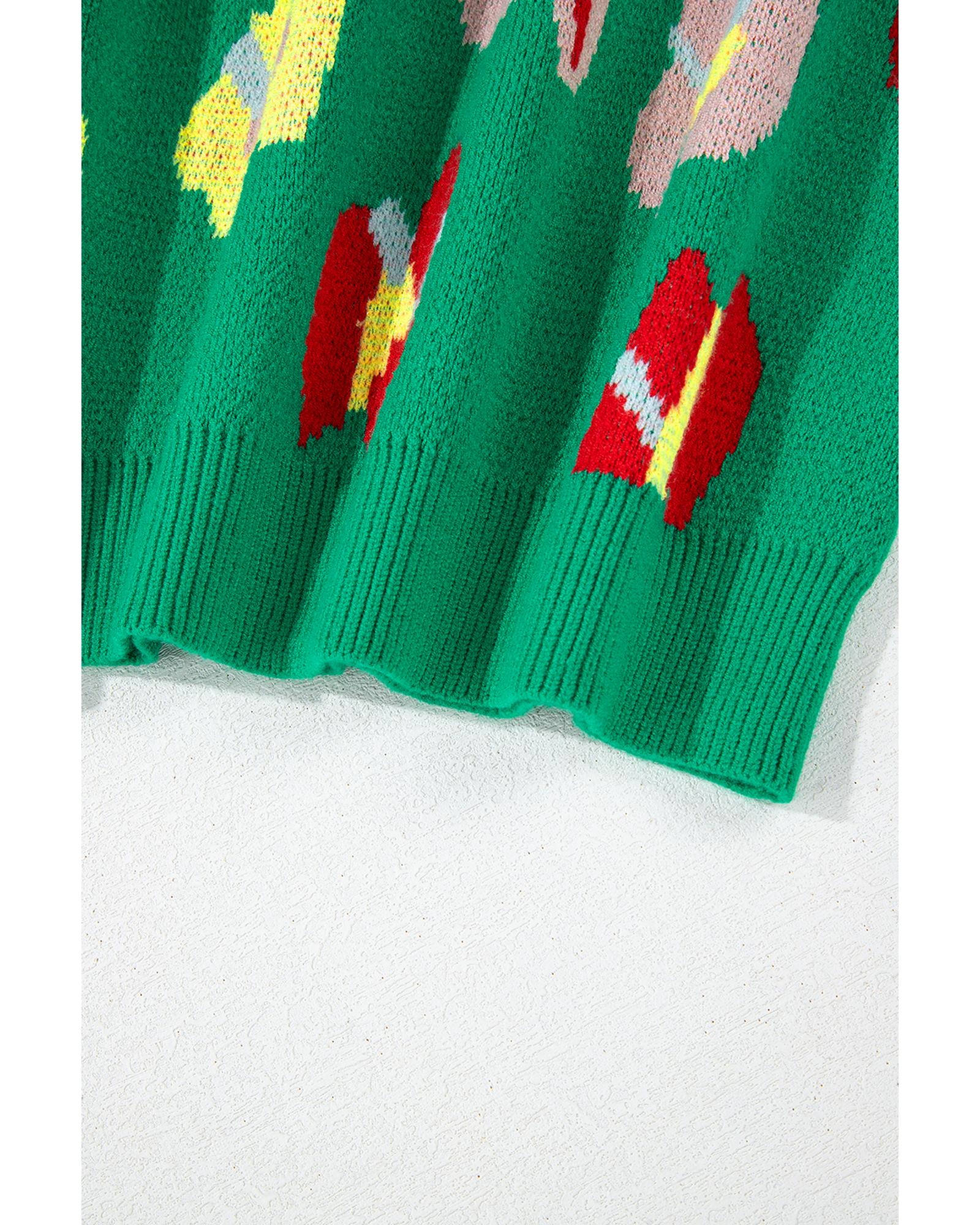 V539-AZEXPL272328-P920-2X-202508301820-00 Green Plus Size Floral Knitted Ribbed Edge Drop Shoulder Sweater - 2X - Image 1