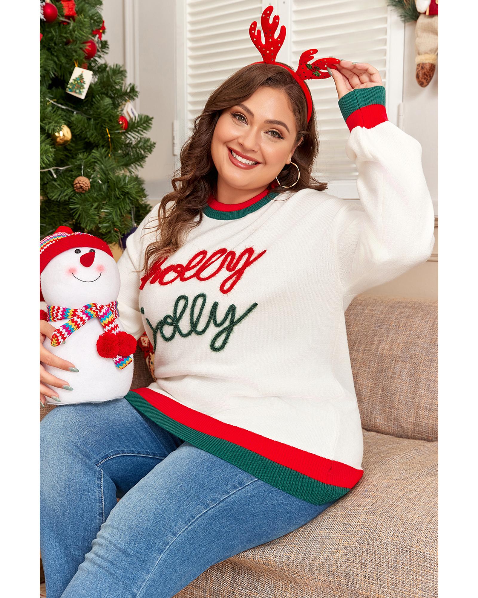 V539-AZEXPL272358-P122-2X-202508301830-00 White Tinsel holly jolly Pattern Colorblock Edge Drop Shoulder Plus Size Sweater - 2X - Image 1