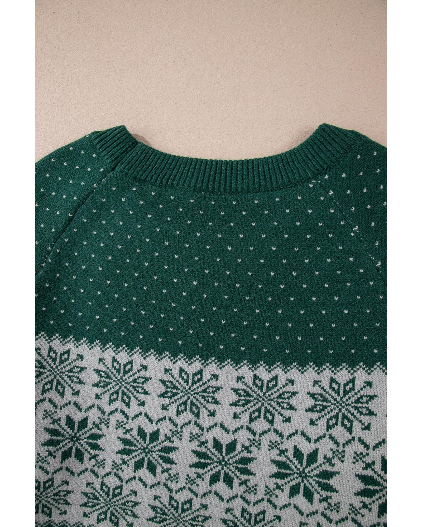V539-AZEXPL2725241-P922-2X-202508310155-00 Green Christmas Snowflake Pattern Drop Shoulder Plus Size Sweater - 2X - Image 1