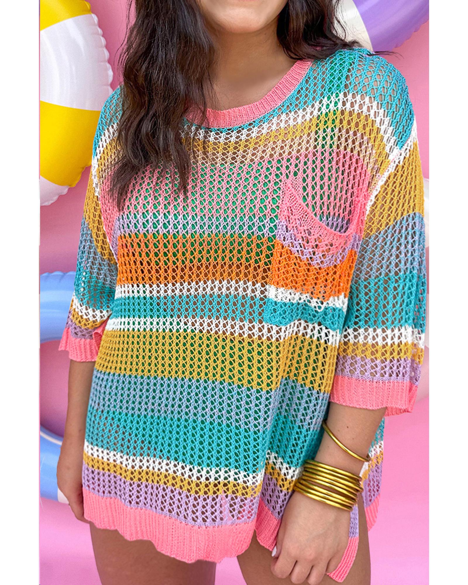 V539-AZEXPL277431-P1019-2X-202508300815-00 Pink Stripe Plus Size Open Knit Patch Pocket Short Sleeve Sweater - 2X - Image 1