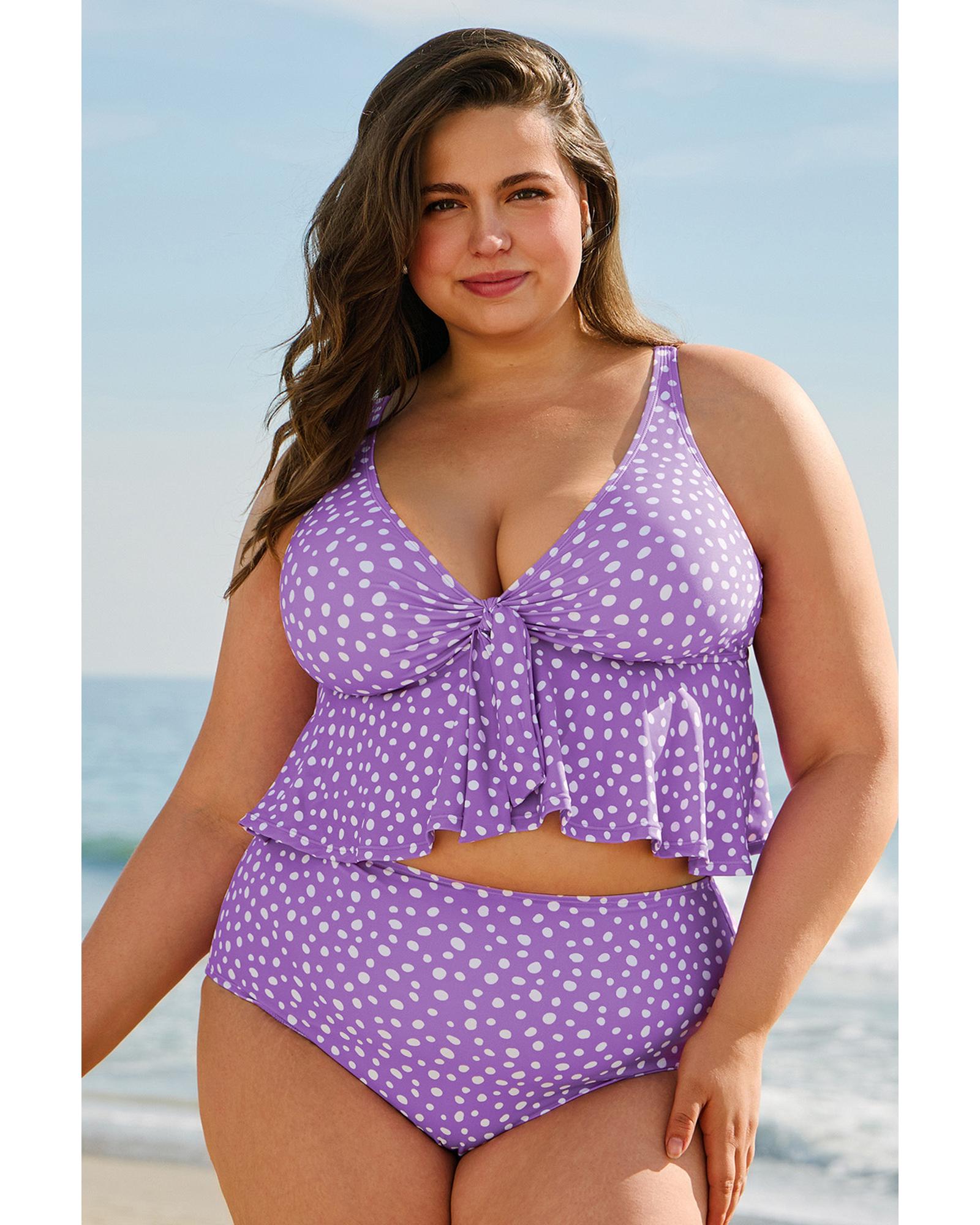 V539-AZEXPL41024-P820-2X-202508300925-00 Purple Plus Size Polka Dot Print Ruffled Knotted V Neck Tankini Set - 2X - Image 1