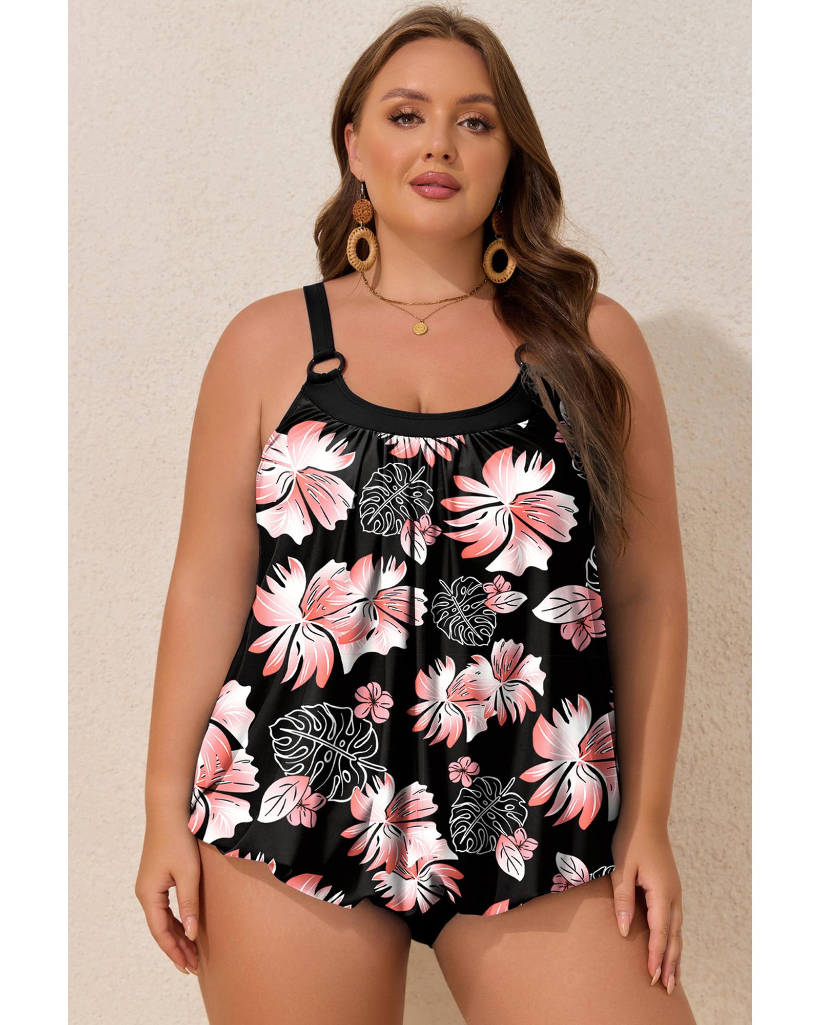 V539-AZEXPL41045-P220-2X-202508301140-00 Black 2pcs Plus Size Wide Strap Floral Top Tankini Set - 2X - Image 1