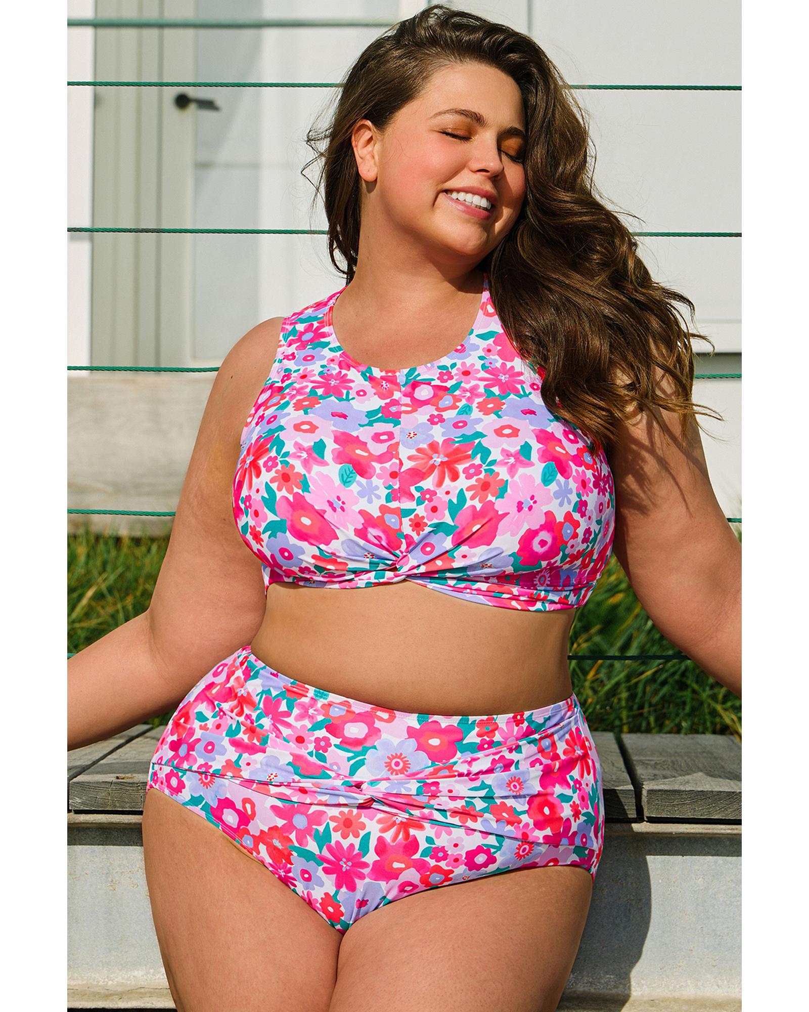 V539-AZEXPL43025-P620-3X-202508300750-00 Rose Plus Size Floral Print Twisted High Waist Bikini Set - 3X - Image 1
