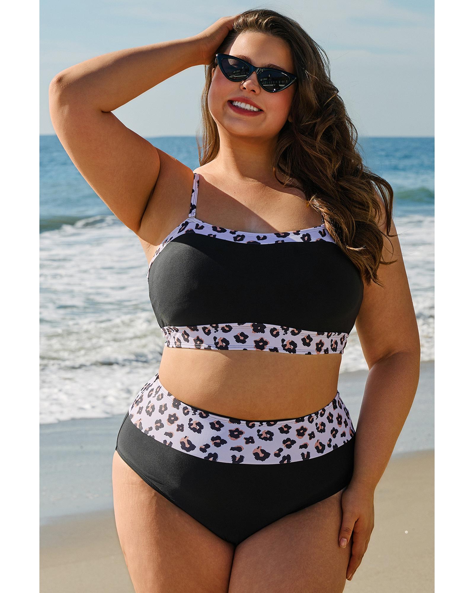 V539-AZEXPL43057-P2-3X-202508301435-00 Black 2pcs Leopard Patchwork Plus Size High Waisted Swimsuit - 3X - Image 1