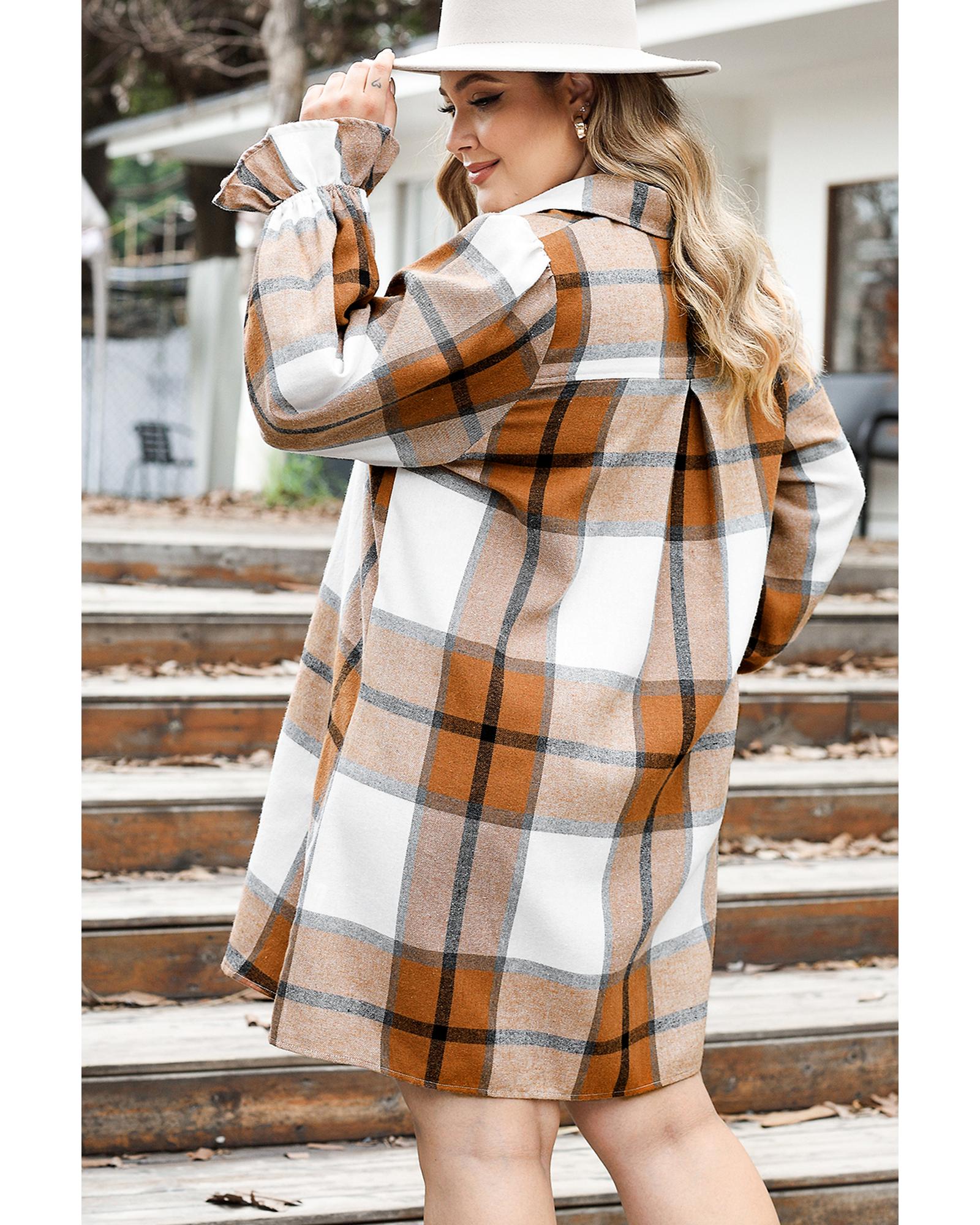 V539-AZEXPL611047-P16-2X-202508301745-00 Khaki Plus Size Plaid Flounce Sleeve Button up Shirt Dress - 2X - Image 1