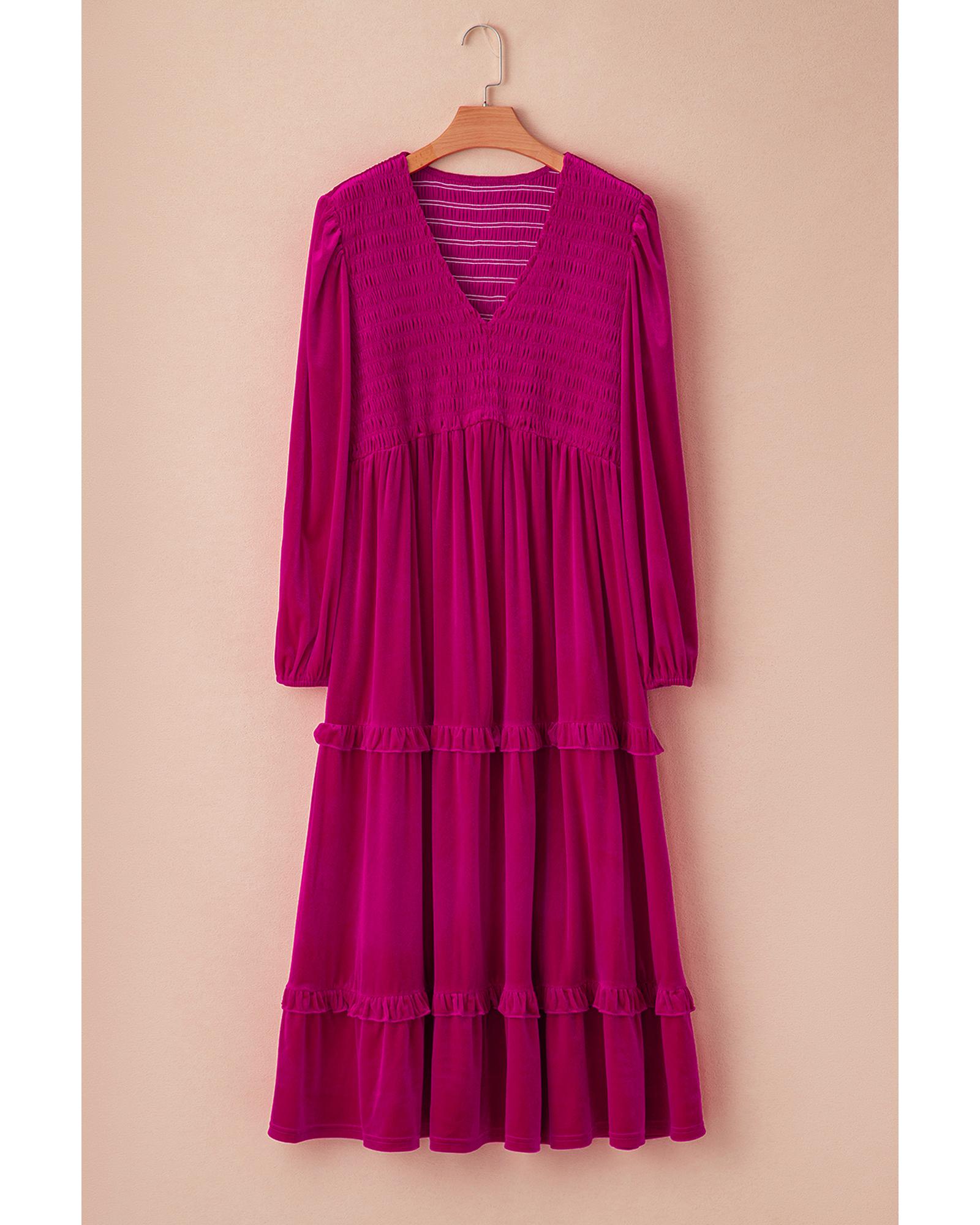 V539-AZEXPL6118066-P6-3X-202508301445-00 Rose Red Shirred V Neck Tiered Ruffled Velvet Plus Size Maxi Dress - 3X - Image 1