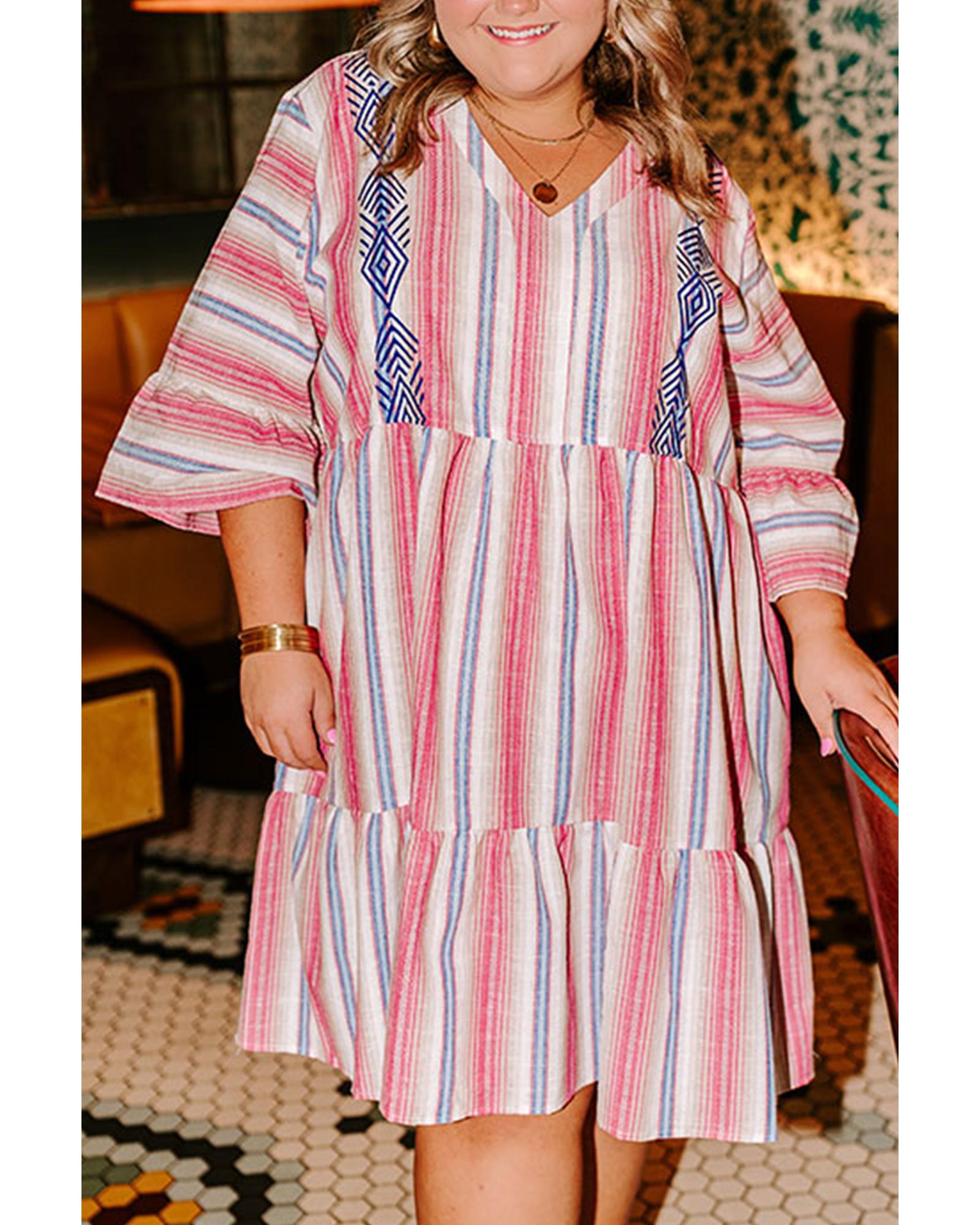 V539-AZEXPL611815-P119-4X-202508302020-00 White Stripe Plus Size Embroidered Detail Flared 3/4 Sleeve V Neck Dress - 4X - Image 1