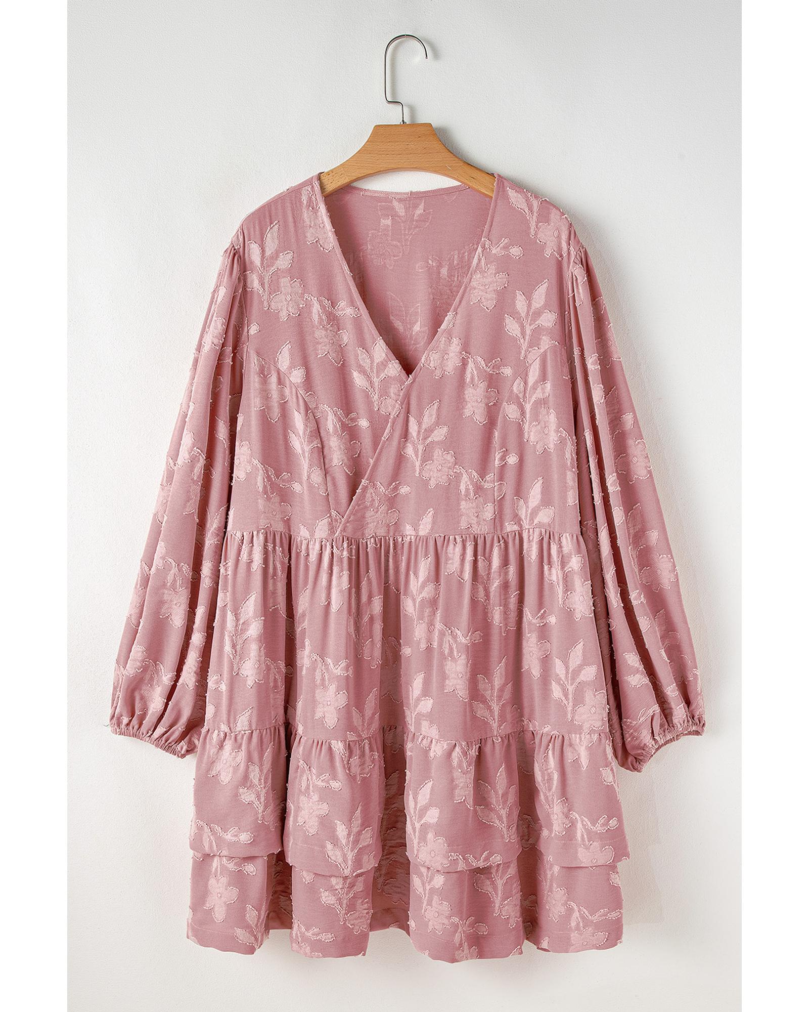 V539-AZEXPL611900-P4010-1X-202506152215-00 Peach Blossom Floral Surplice V Neck Tiered Ruffled Plus Size Dress - 1X - Image 1