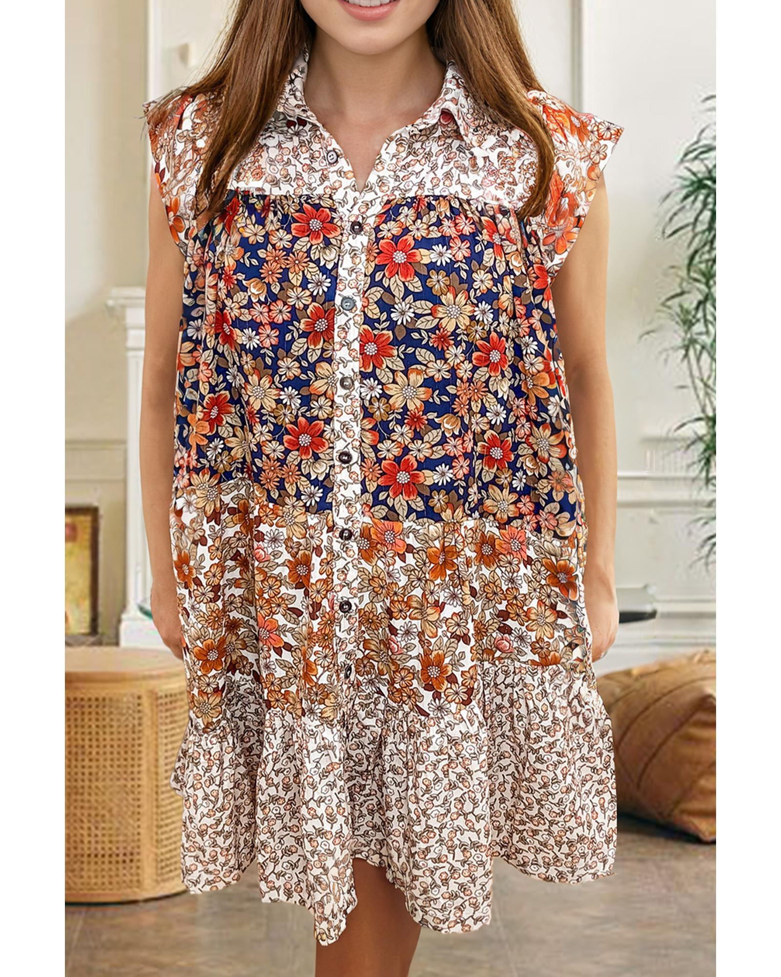 V539-AZEXPL611944-P1520-1X-202506152236-00 Beige Plus Size Floral Patchwork Button Front Collared Mini Dress - 1X - Image 1