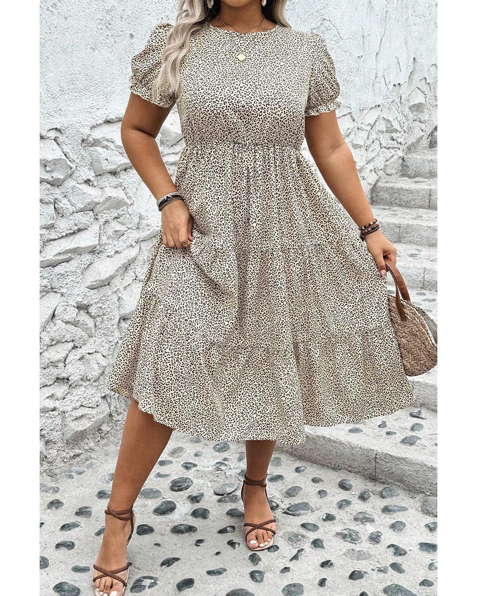 V539-AZEXPL612046-P1520-1X-202508300810-00 Beige Plus Size Leopard Print Frill Trim Short Sleeve Flared Dress - 1X - Image 1