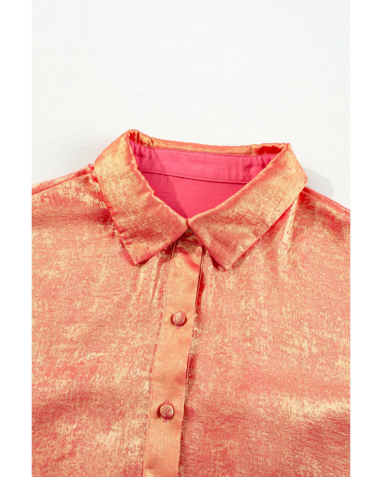 V539-AZEXPL6121537-P4010-4X-202508301215-00 Peach Blossom Metallic Balloon Sleeve Shirt Plus Size Mini Dress - 4X - Image 1