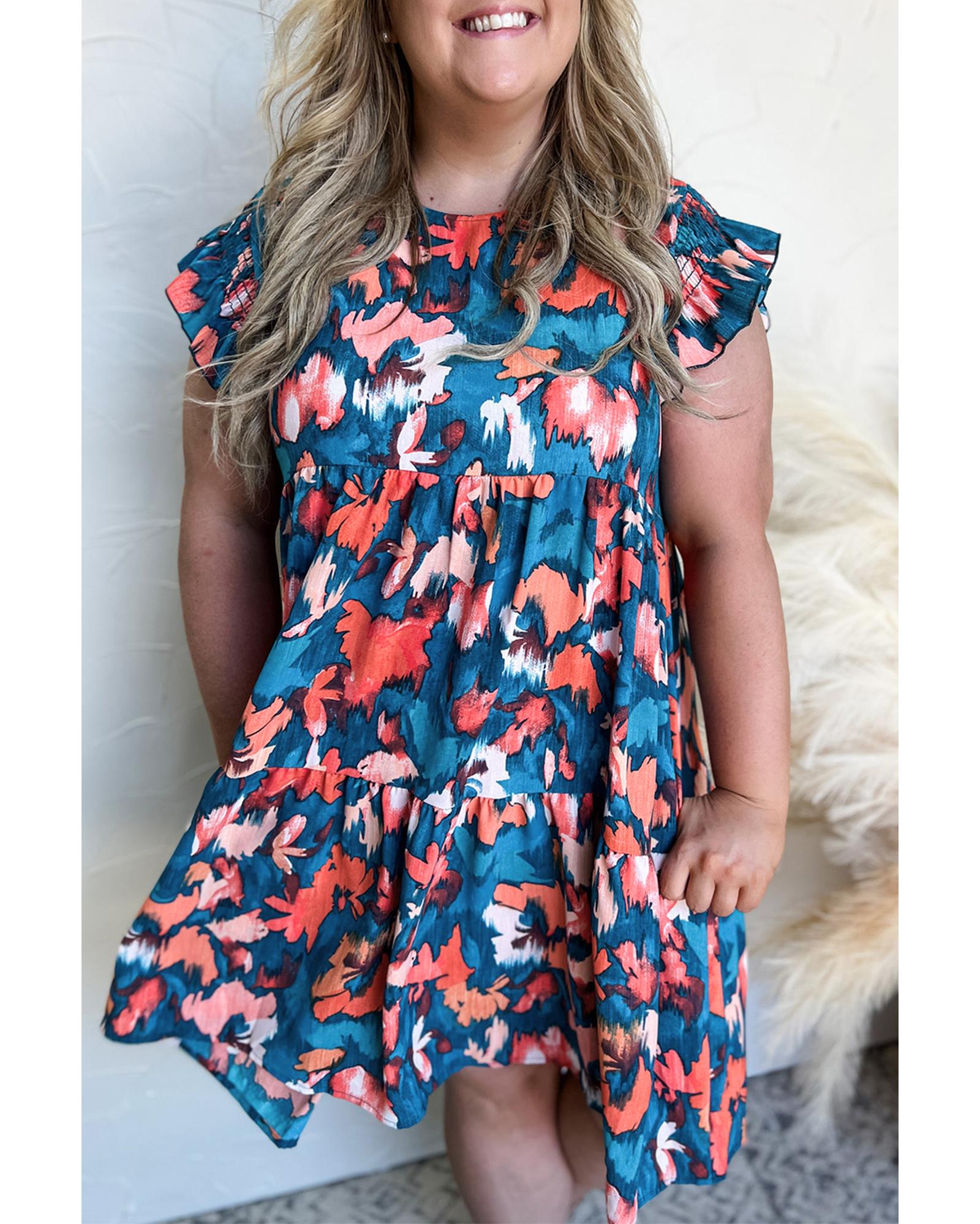 V539-AZEXPL612351-P520-2X-202508301715-00 Blue Abstract Print Shirred Ruffled Short Sleeve Tiered Plus Size Mini Dress - 2X - Image 1