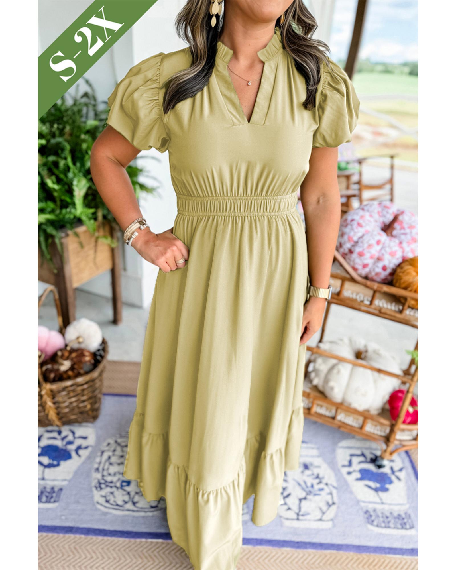 V539-AZEXPL612414-P1209-1X-202506152111-00 Laurel Green Notched V Neck Puff Sleeve Tiered Plus Size Maxi Dress - 1X - Image 1