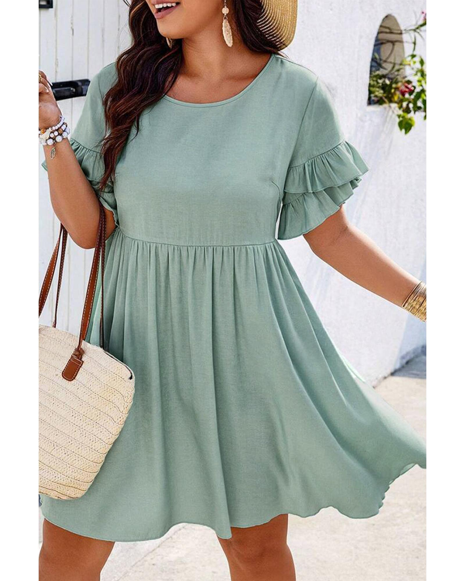 V539-AZEXPL612453-P1109-2X-202508310215-00 Grass Green Ruffle Trim Short Sleeve Plus Size Flared Mini Dress - 2X - Image 1