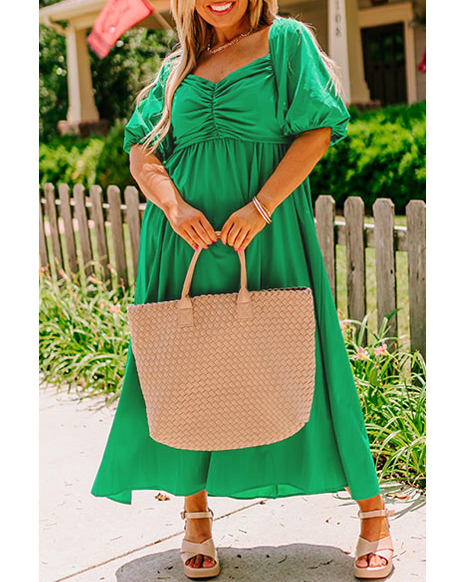 V539-AZEXPL612470-P109-1X-202506152131-00 Bright Green Ruched Front Puff Sleeve Plus Size Long Dress - 1X - Image 1