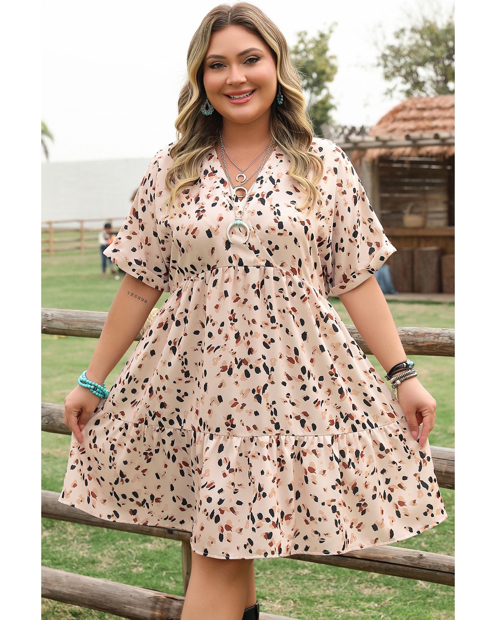 V539-AZEXPL612615-P1520-3X-202508301955-00 Beige Printed Surplice V Neck Cuffed Sleeve Empire Waist Plus Size Dress - 3X - Image 1