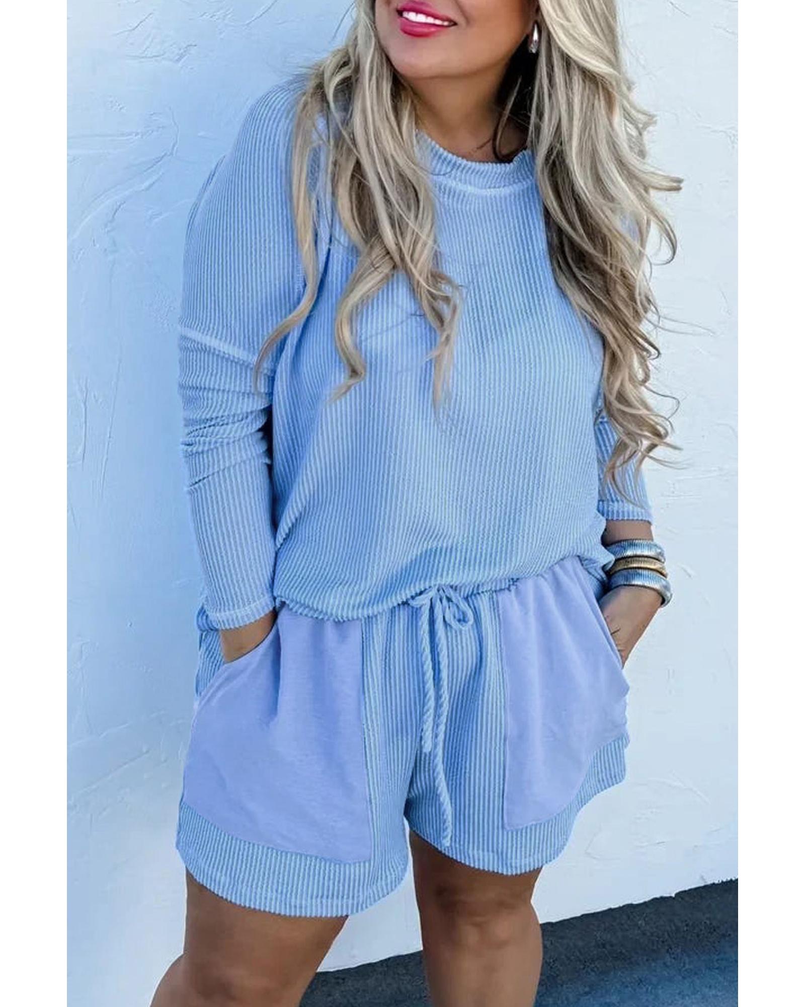 V539-AZEXPL62123-P4-1X-202506152215-00 Light Blue Plus Size Ribbed Long Sleeve Top and Drawstring Shorts Set - 1X - Image 1