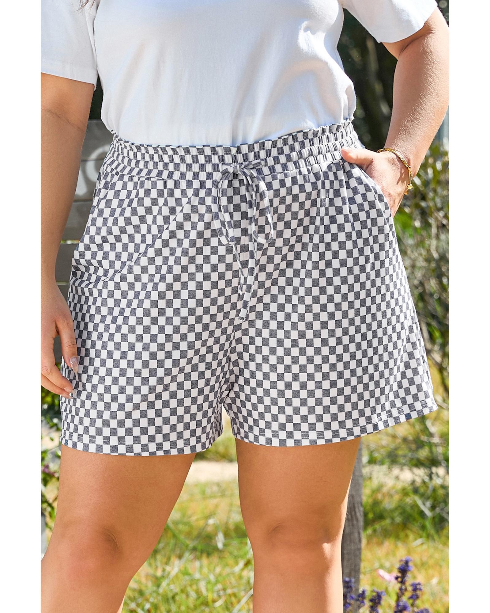 V539-AZEXPL731097-P1120-1X-202506152312-00 Gray Checkerboard Lace-Up High Waist Plus Size Casual Shorts - 1X - Image 1