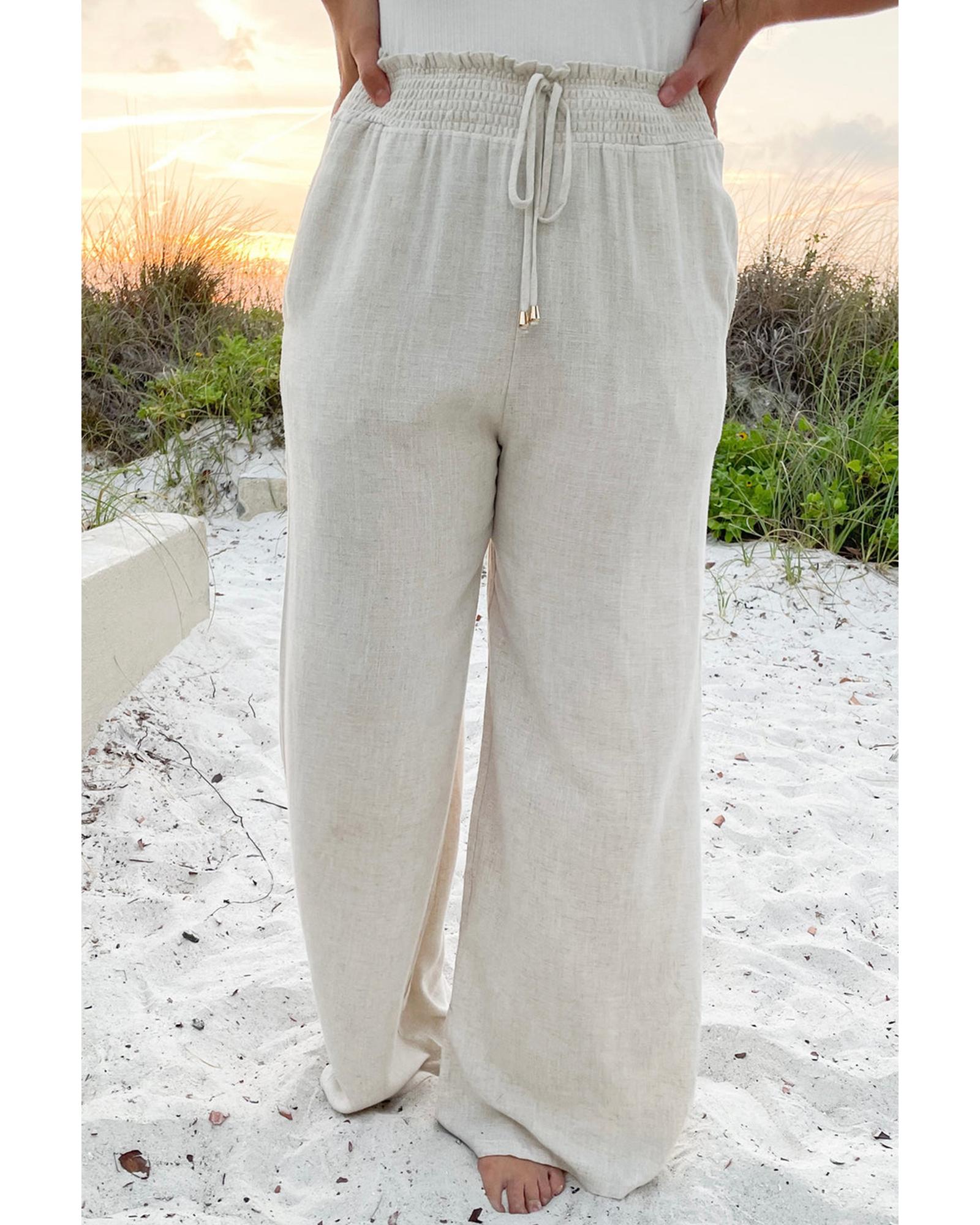 V539-AZEXPL771373-P15-4X-202508300930-00 Beige Smocked High Waist Wide Leg Plus Size Pants - 4X - Image 1