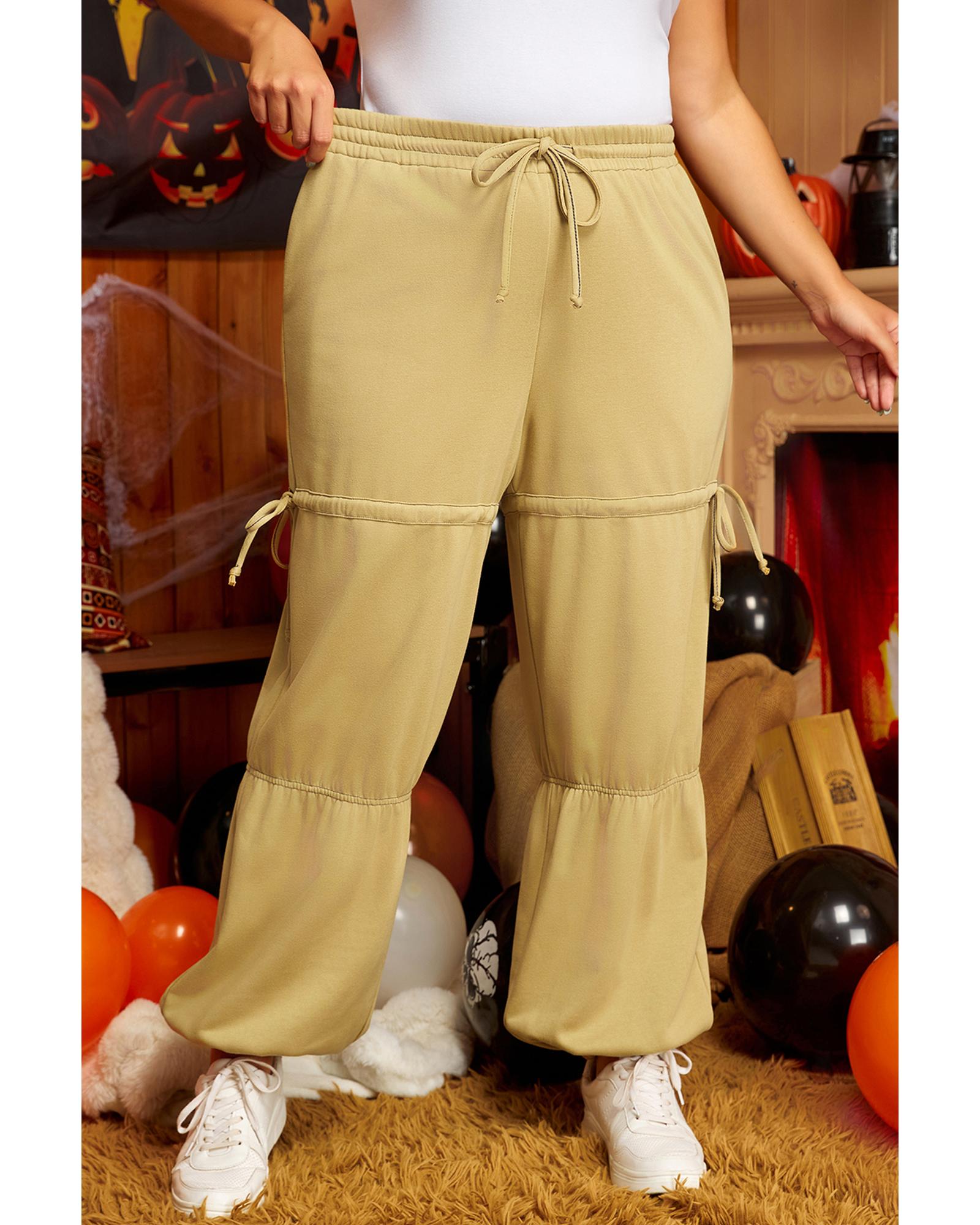V539-AZEXPL771386-P207-4X-202508301355-00 Beige Drawstring Adjusted Band High Waist Plus Size Pants - 4X - Image 1