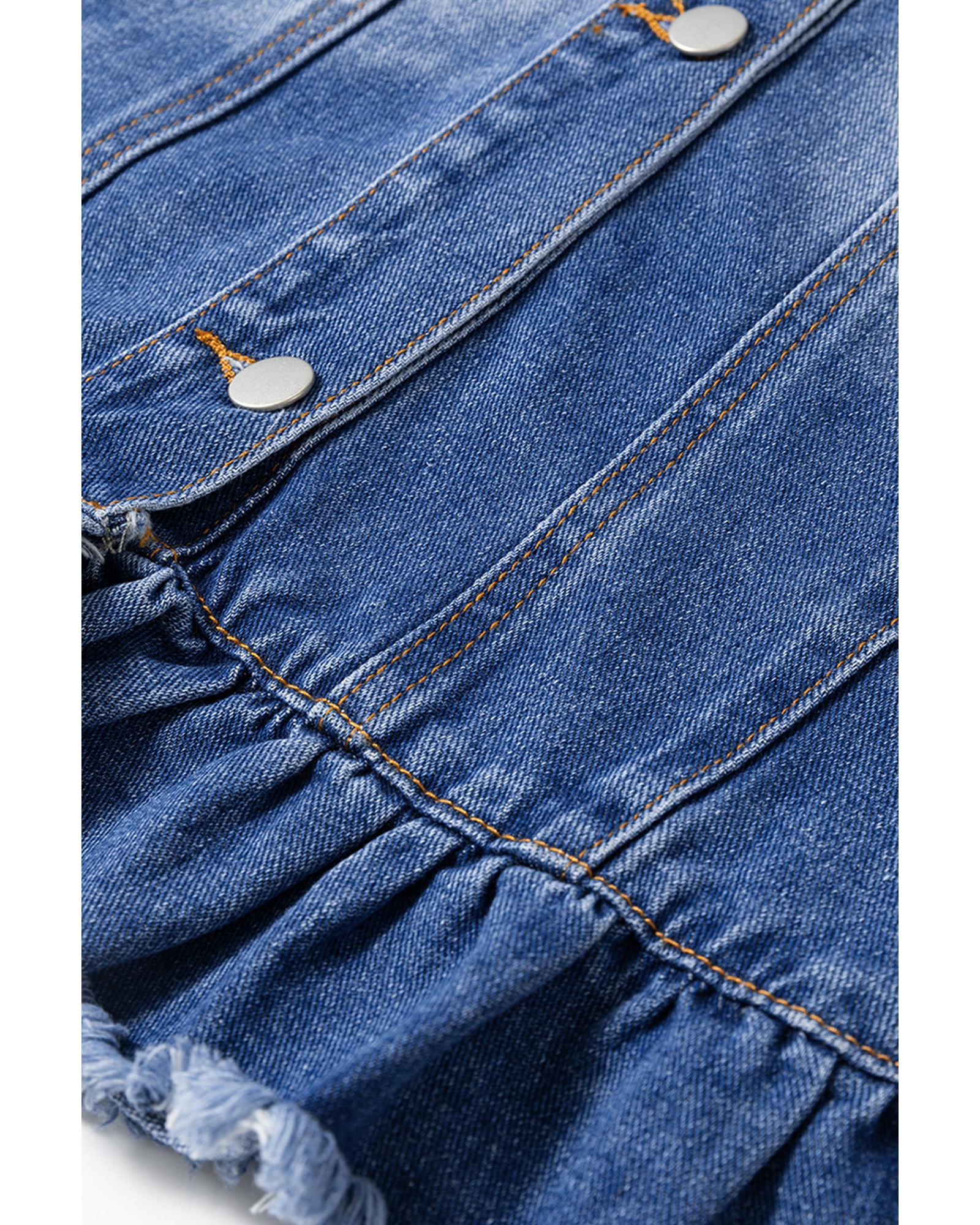 V539-AZEXPL7821152-P405-4X-202508301655-00 Peacock Blue Ruffled Frayed Short Sleeve Plus Size Denim Jacket - 4X - Image 1