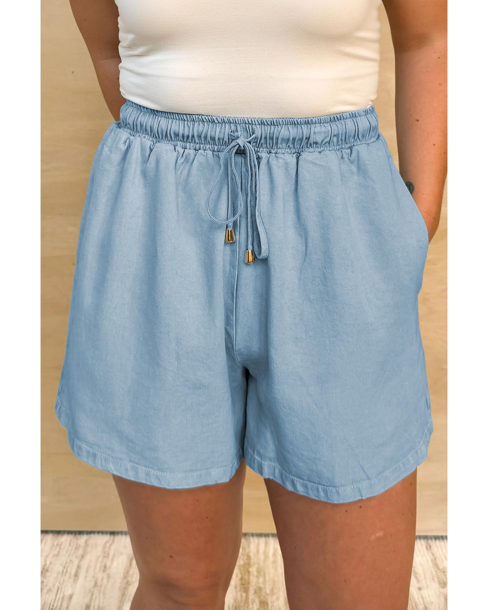 V539-AZEXPL783045-P804-3X-202508301820-00 Beau Blue Washed Chambray Drawstring Elastic Waist Plus Size Shorts - 3X - Image 1