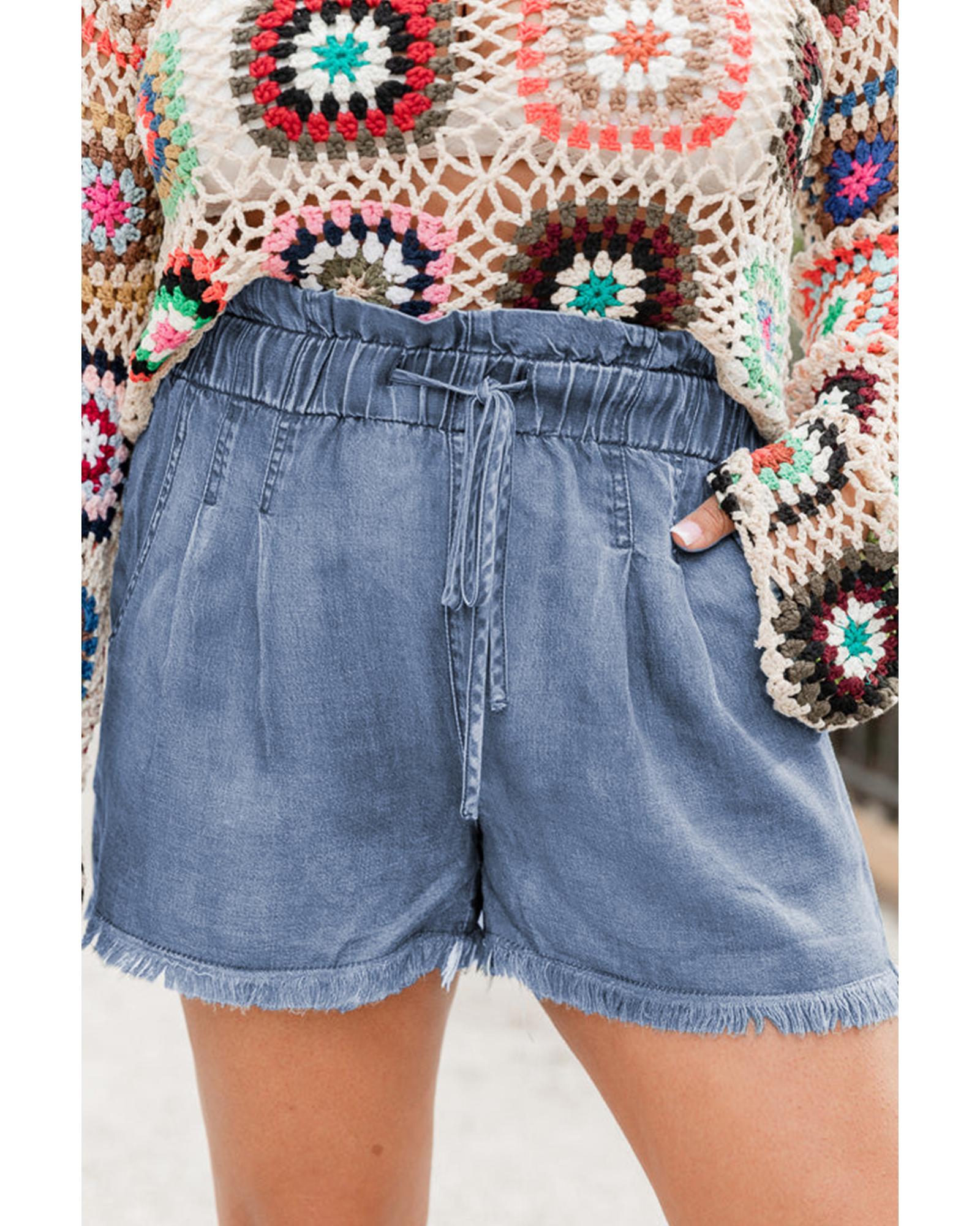 V539-AZEXPL783048-P704-4X-202508302315-00 Dusk Blue Raw Hem Lace-up High Waist Plus Size Denim Shorts - 4X - Image 1